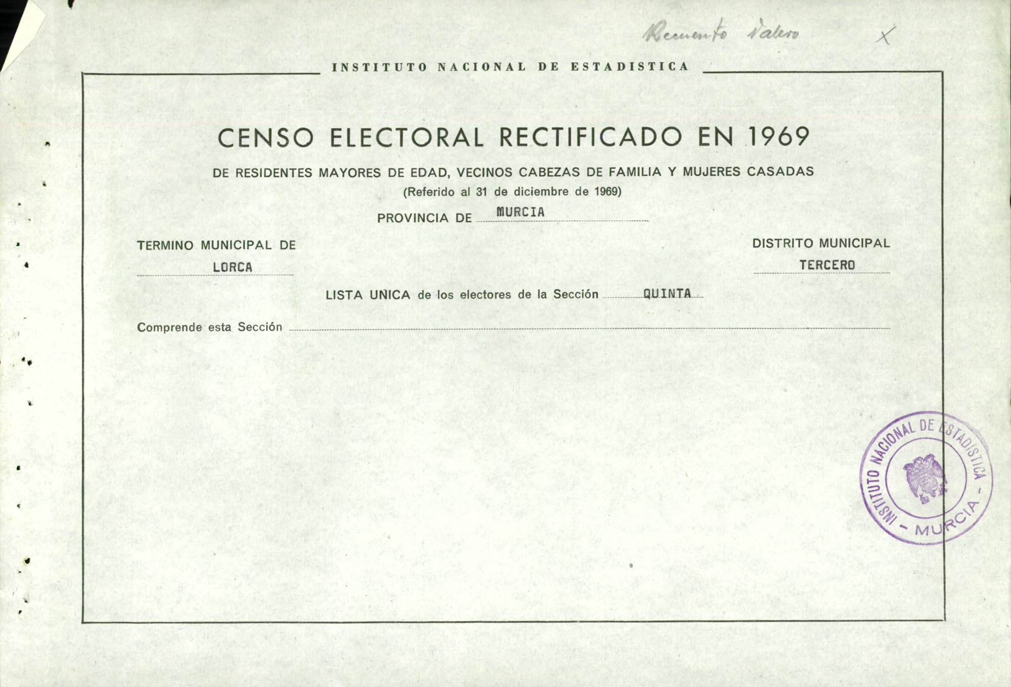 Censo electoral rectificado en 1969: listas definitivas de Lorca, Distrito 3º, sección 5ª.