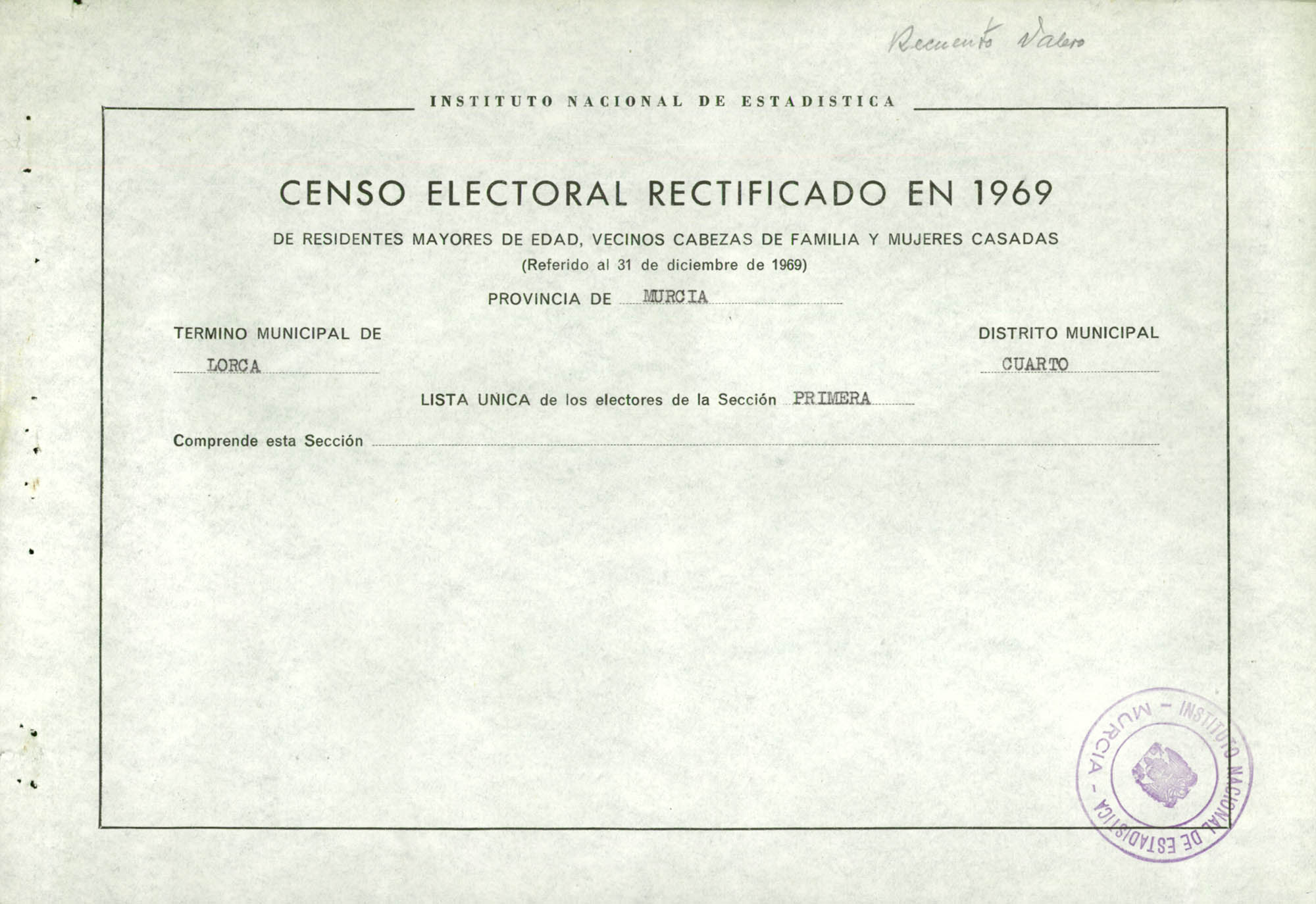 Censo electoral rectificado en 1969: listas definitivas de Lorca, Distrito 4º, sección 1ª.