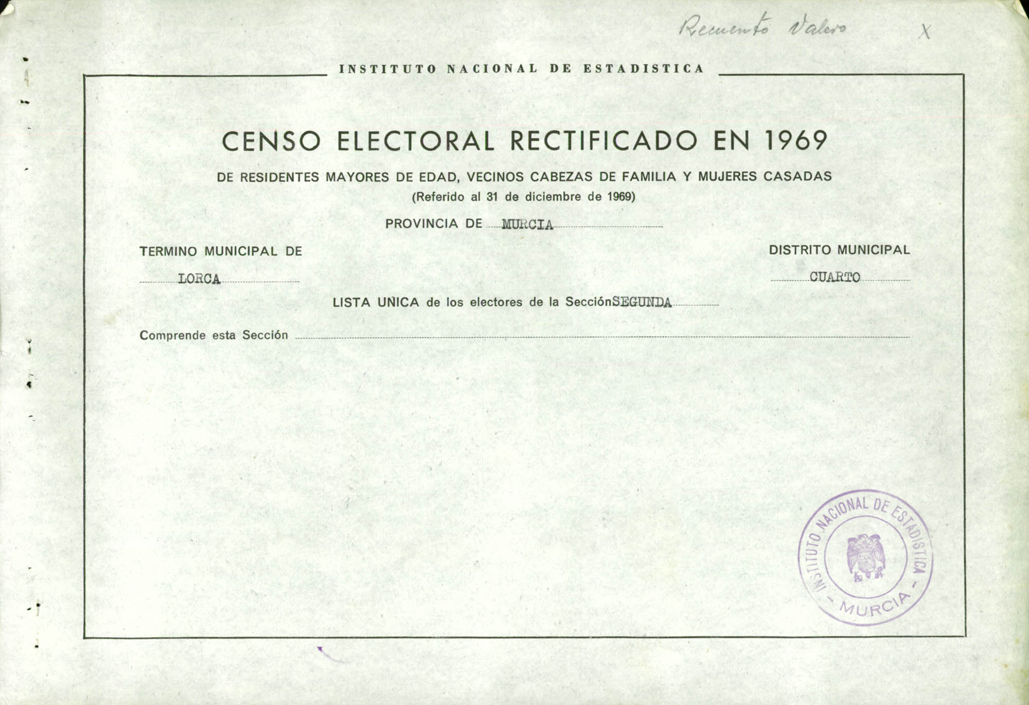 Censo electoral rectificado en 1969: listas definitivas de Lorca, Distrito 4º, sección 2ª.