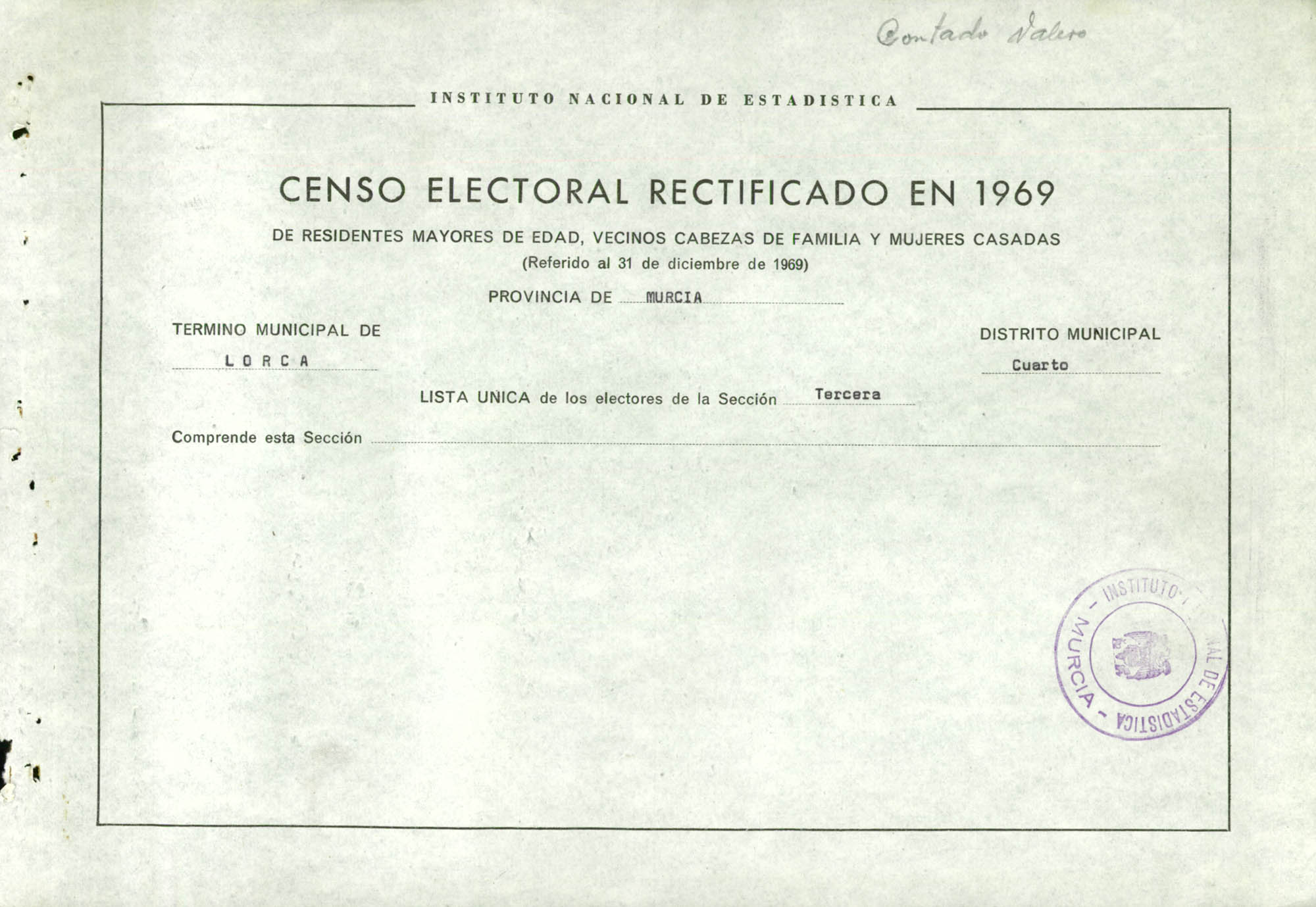 Censo electoral rectificado en 1969: listas definitivas de Lorca, Distrito 4º, sección 3ª.