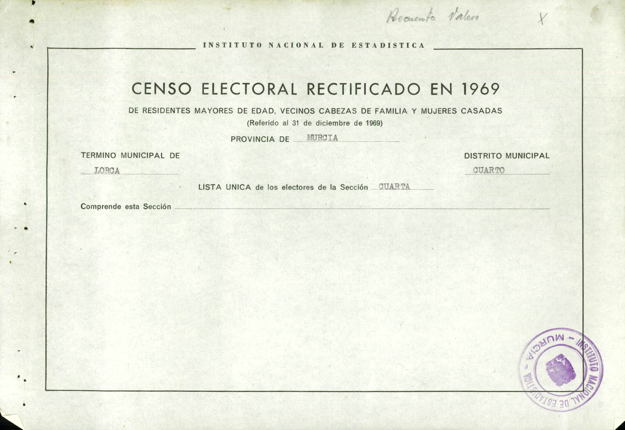 Censo electoral rectificado en 1969: listas definitivas de Lorca, Distrito 4º, sección 4ª.