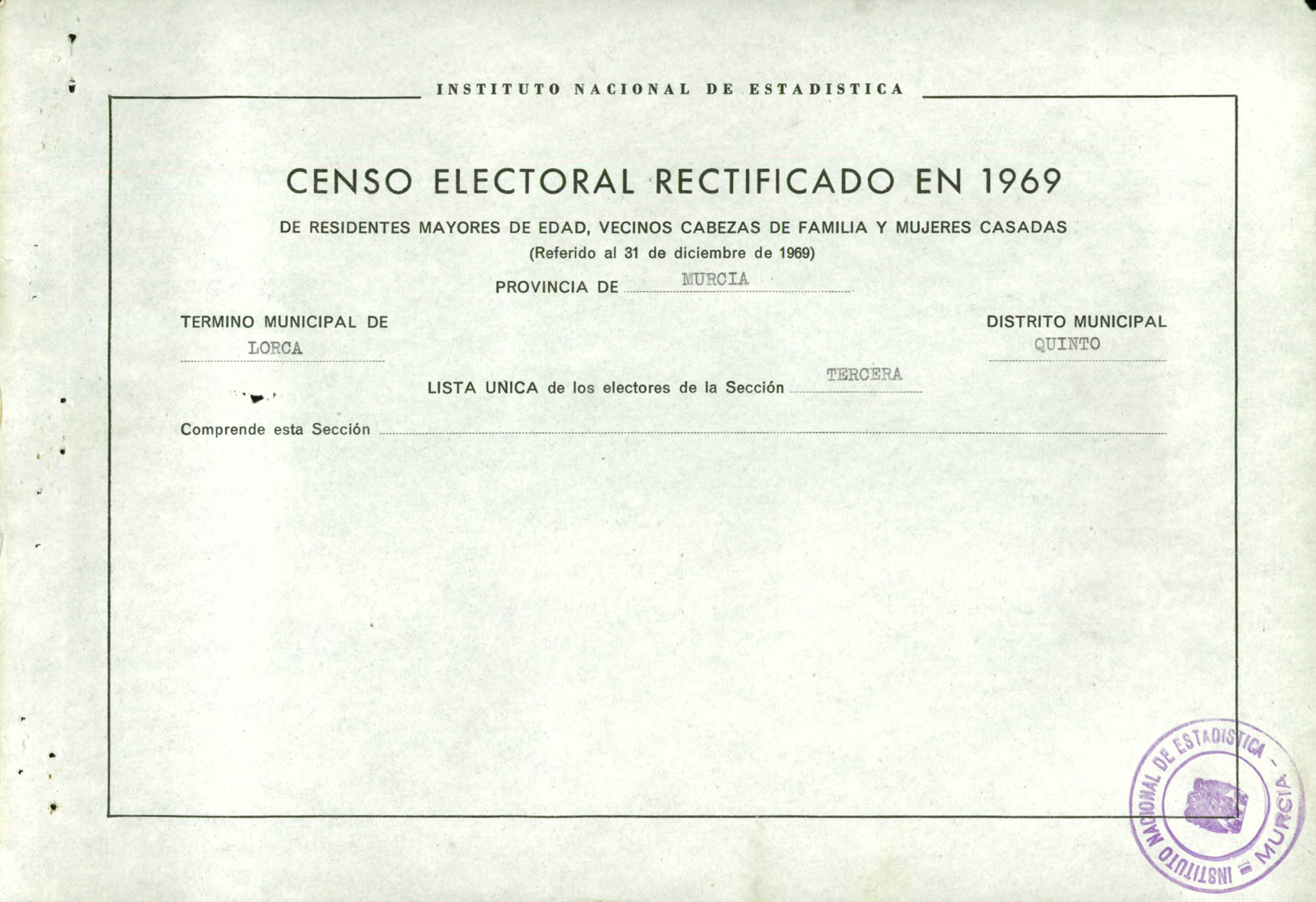 Censo electoral rectificado en 1969: listas definitivas de Lorca, Distrito 5º, sección 3ª.