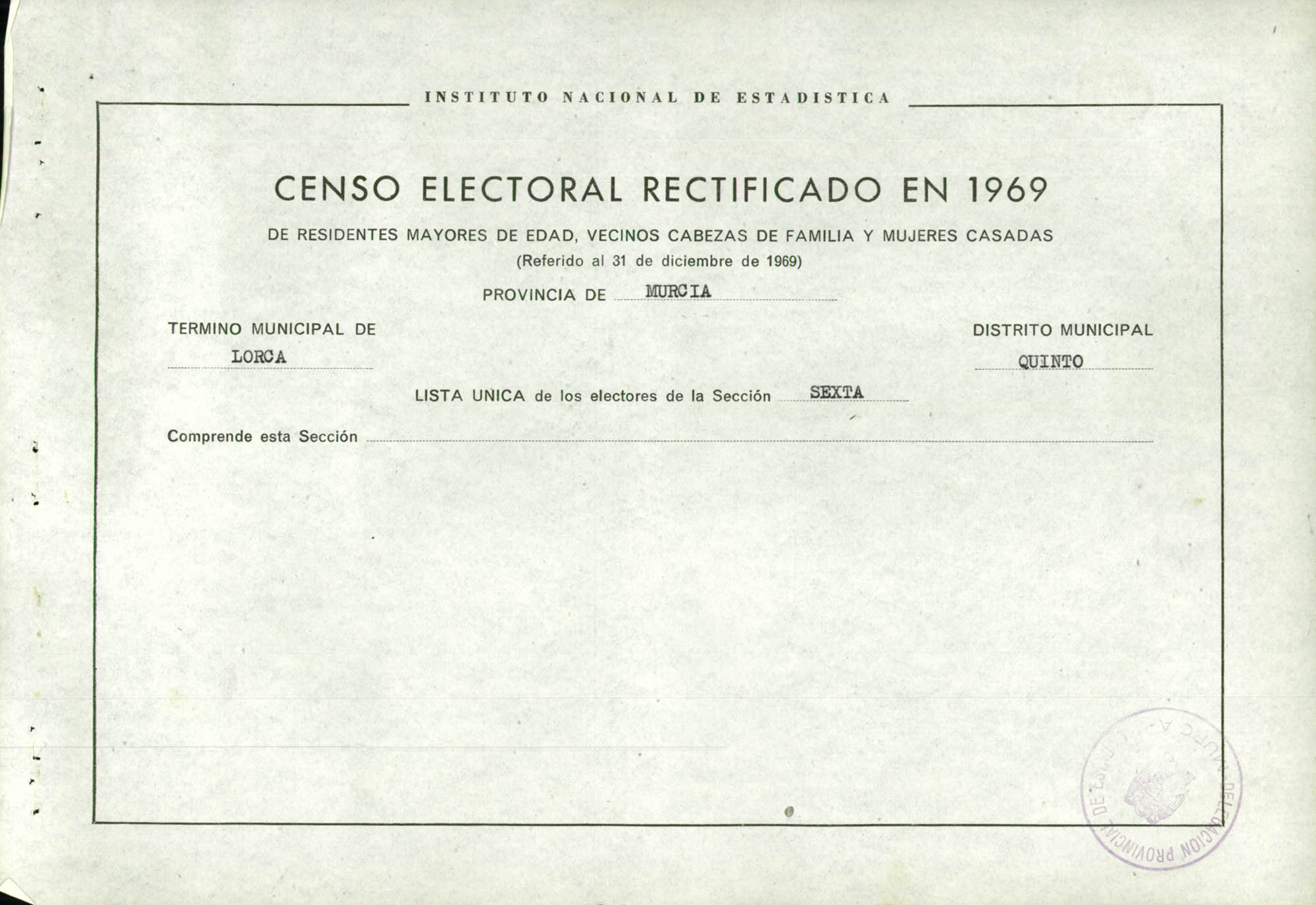 Censo electoral rectificado en 1969: listas definitivas de Lorca, Distrito 5º, sección 6ª.