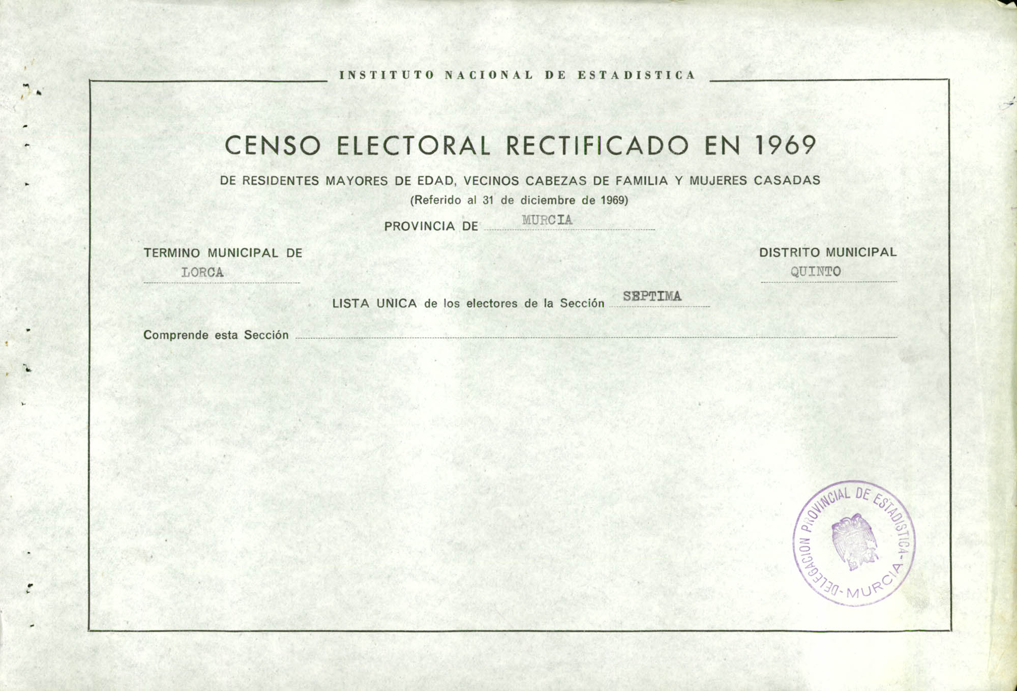 Censo electoral rectificado en 1969: listas definitivas de Lorca, Distrito 5º, sección 7ª.