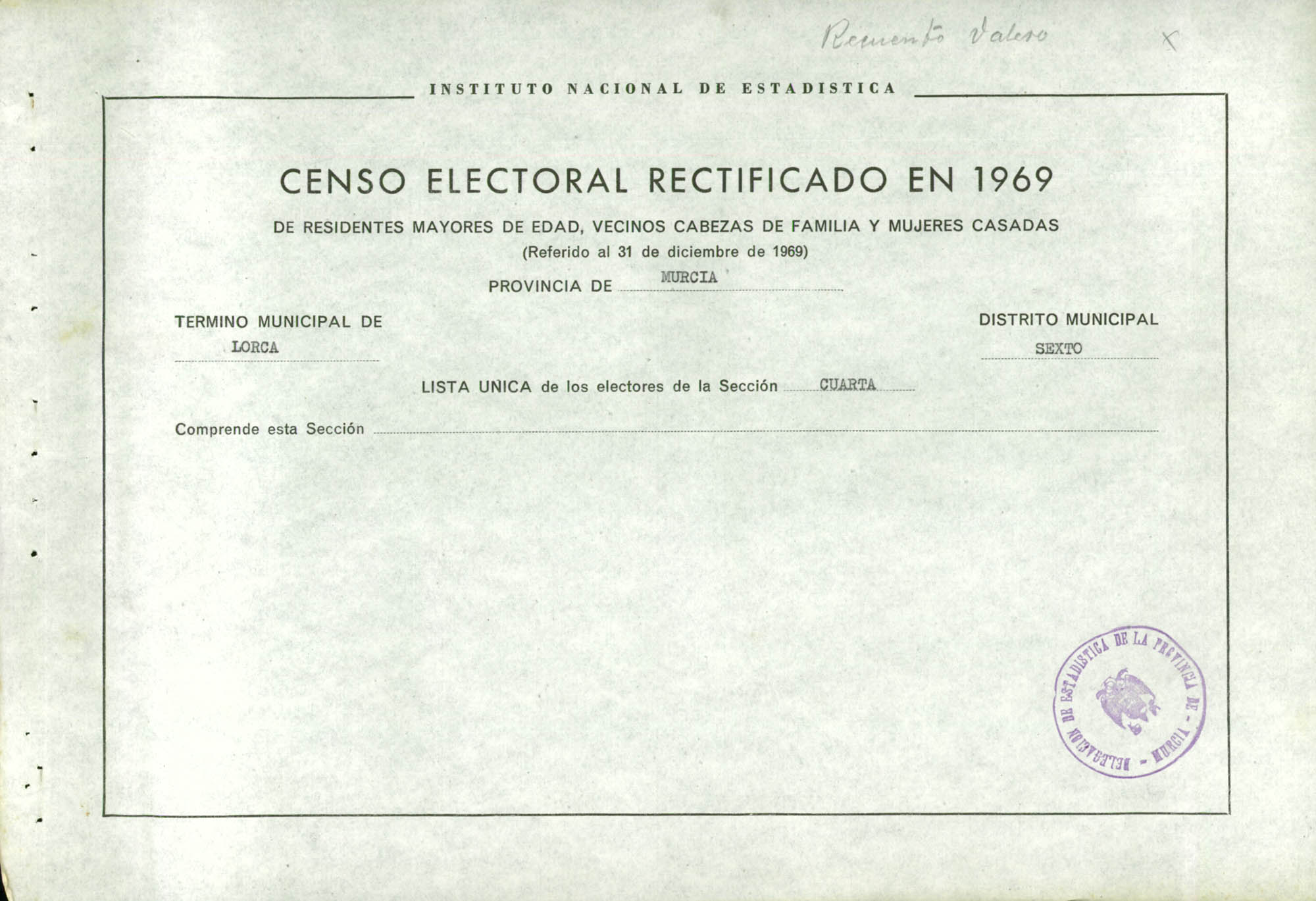 Censo electoral rectificado en 1969: listas definitivas de Lorca, Distrito 6º, sección 4ª.