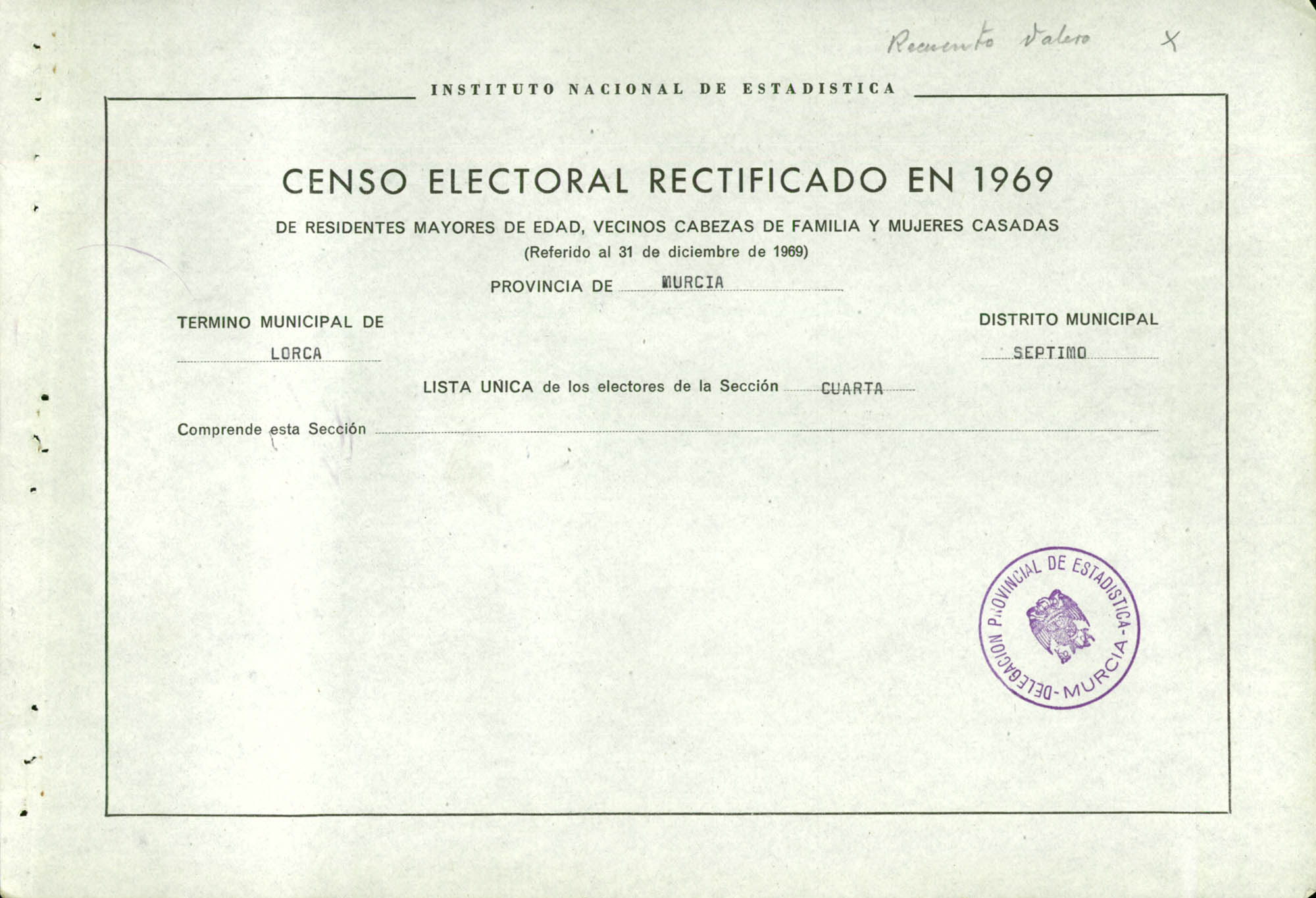 Censo electoral rectificado en 1969: listas definitivas de Lorca, Distrito 7º, sección 4ª.
