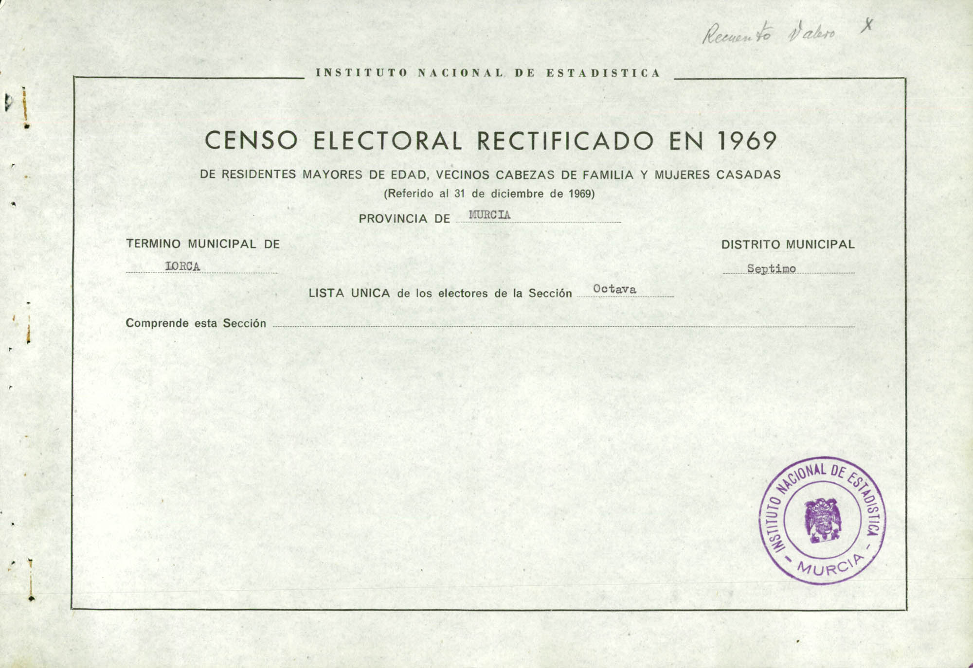 Censo electoral rectificado en 1969: listas definitivas de Lorca, Distrito 7º, sección 8ª.
