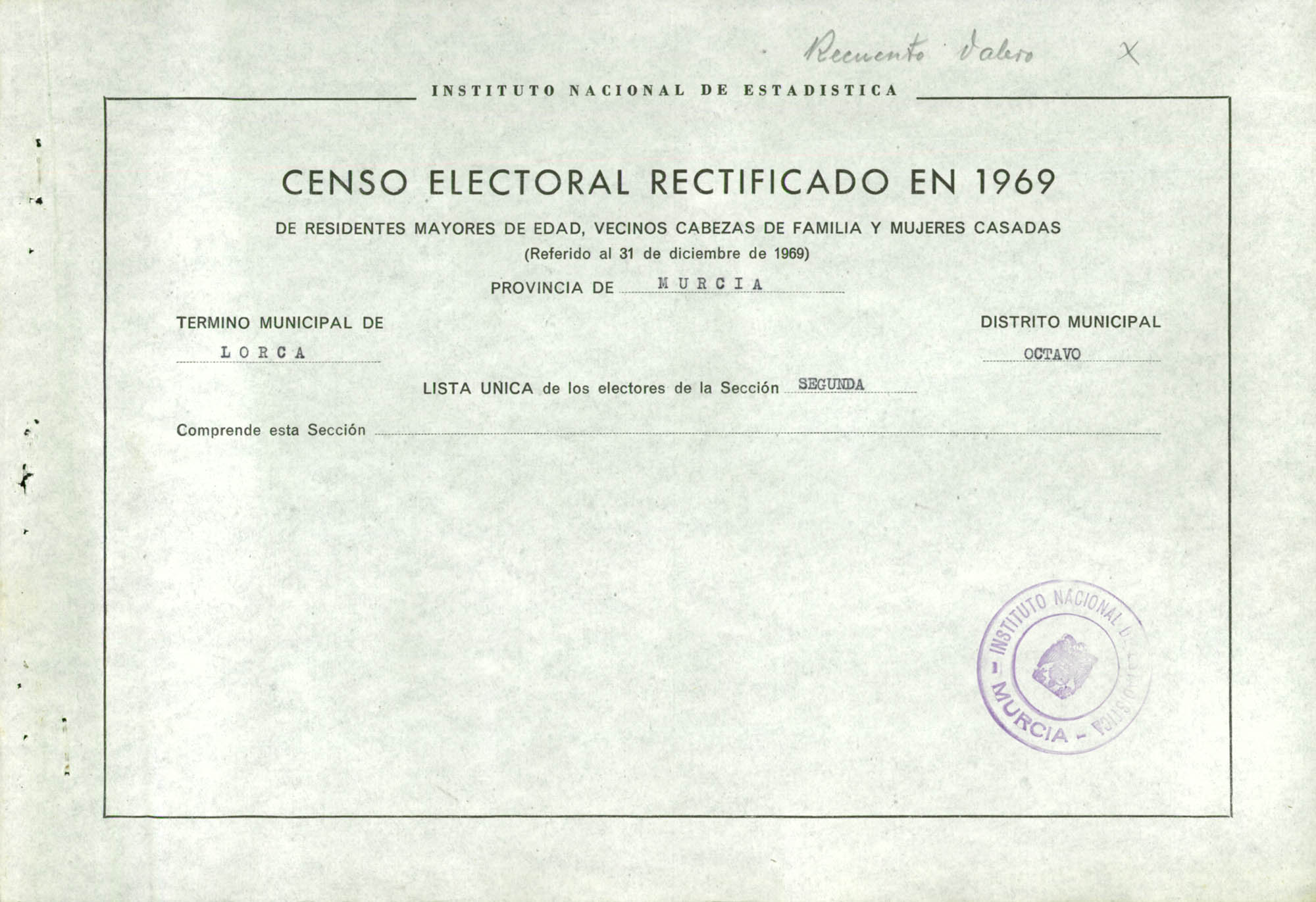 Censo electoral rectificado en 1969: listas definitivas de Lorca, Distrito 8º, sección 2ª.