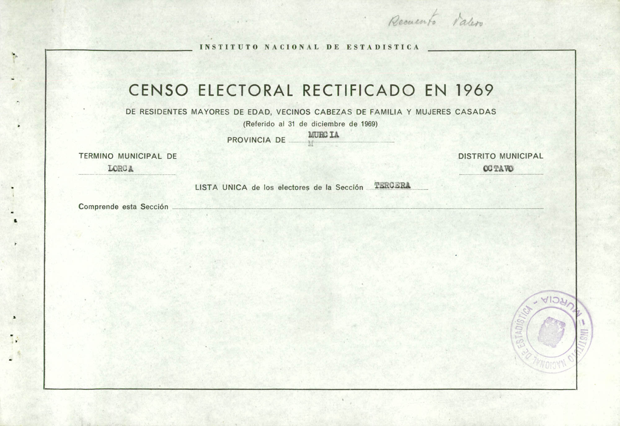 Censo electoral rectificado en 1969: listas definitivas de Lorca, Distrito 8º, sección 3ª.