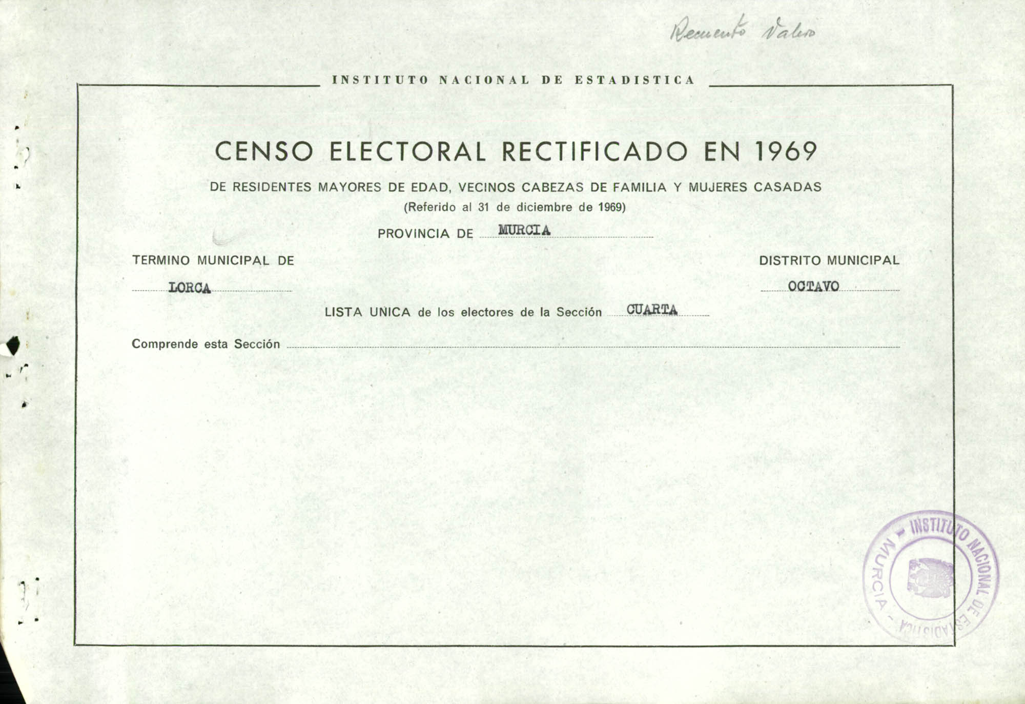 Censo electoral rectificado en 1969: listas definitivas de Lorca, Distrito 8º, sección 4ª.