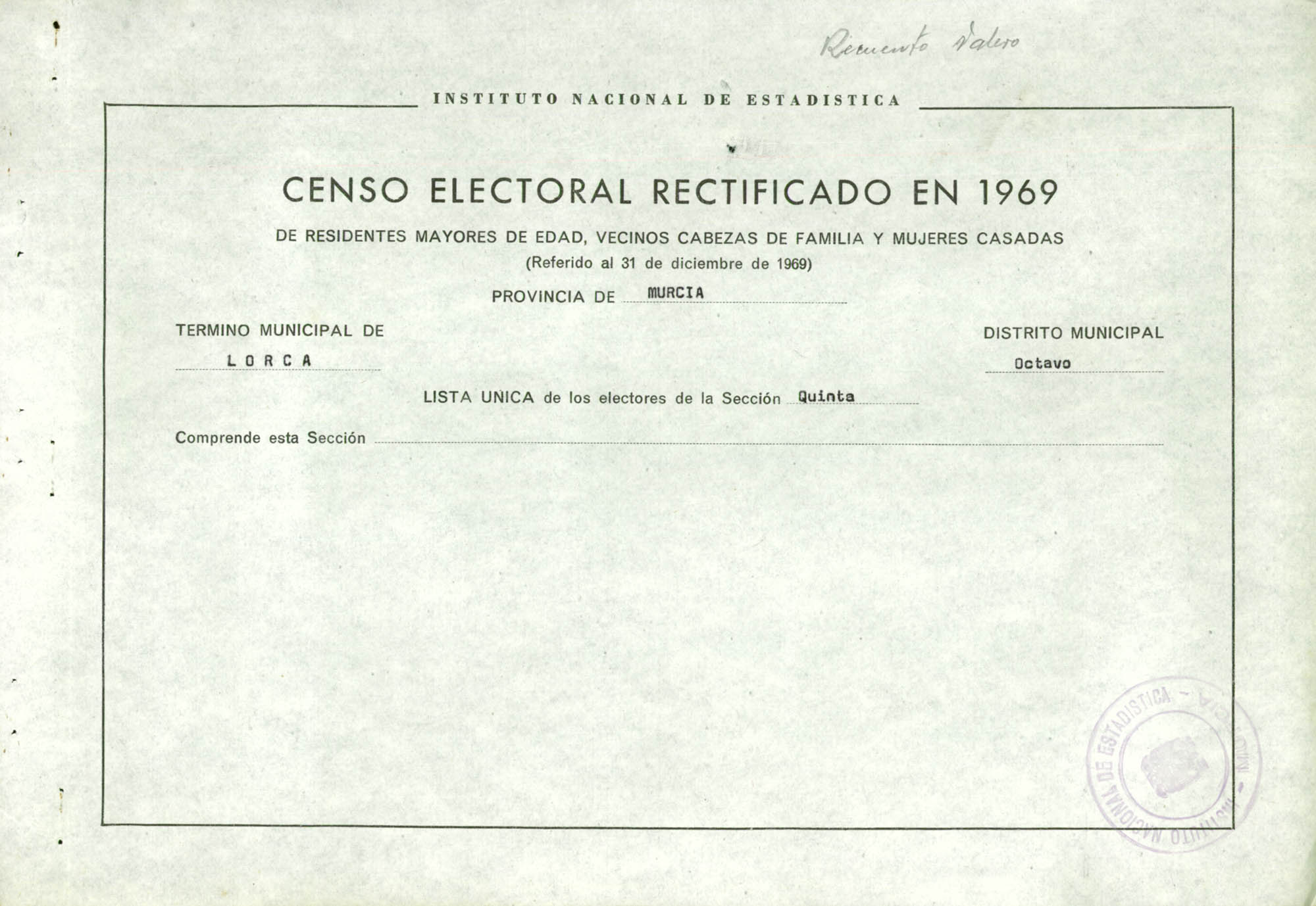 Censo electoral rectificado en 1969: listas definitivas de Lorca, Distrito 8º, sección 5ª.