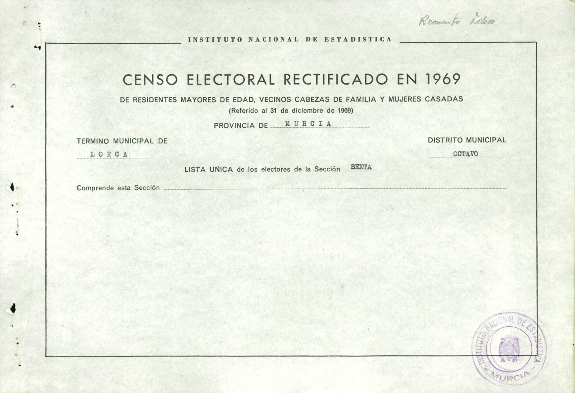 Censo electoral rectificado en 1969: listas definitivas de Lorca, Distrito 8º, sección 6ª.