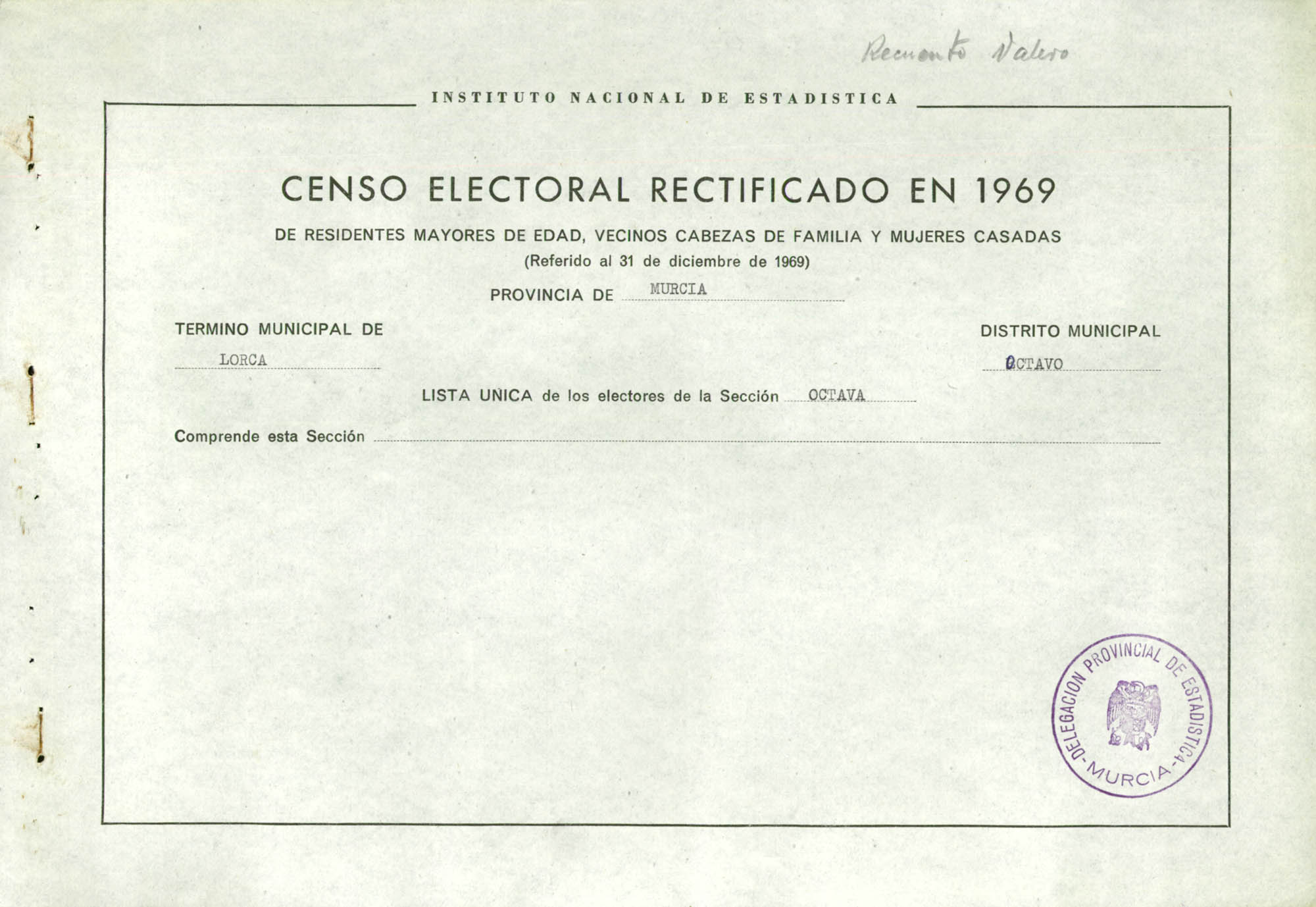 Censo electoral rectificado en 1969: listas definitivas de Lorca, Distrito 8º, sección 8ª.