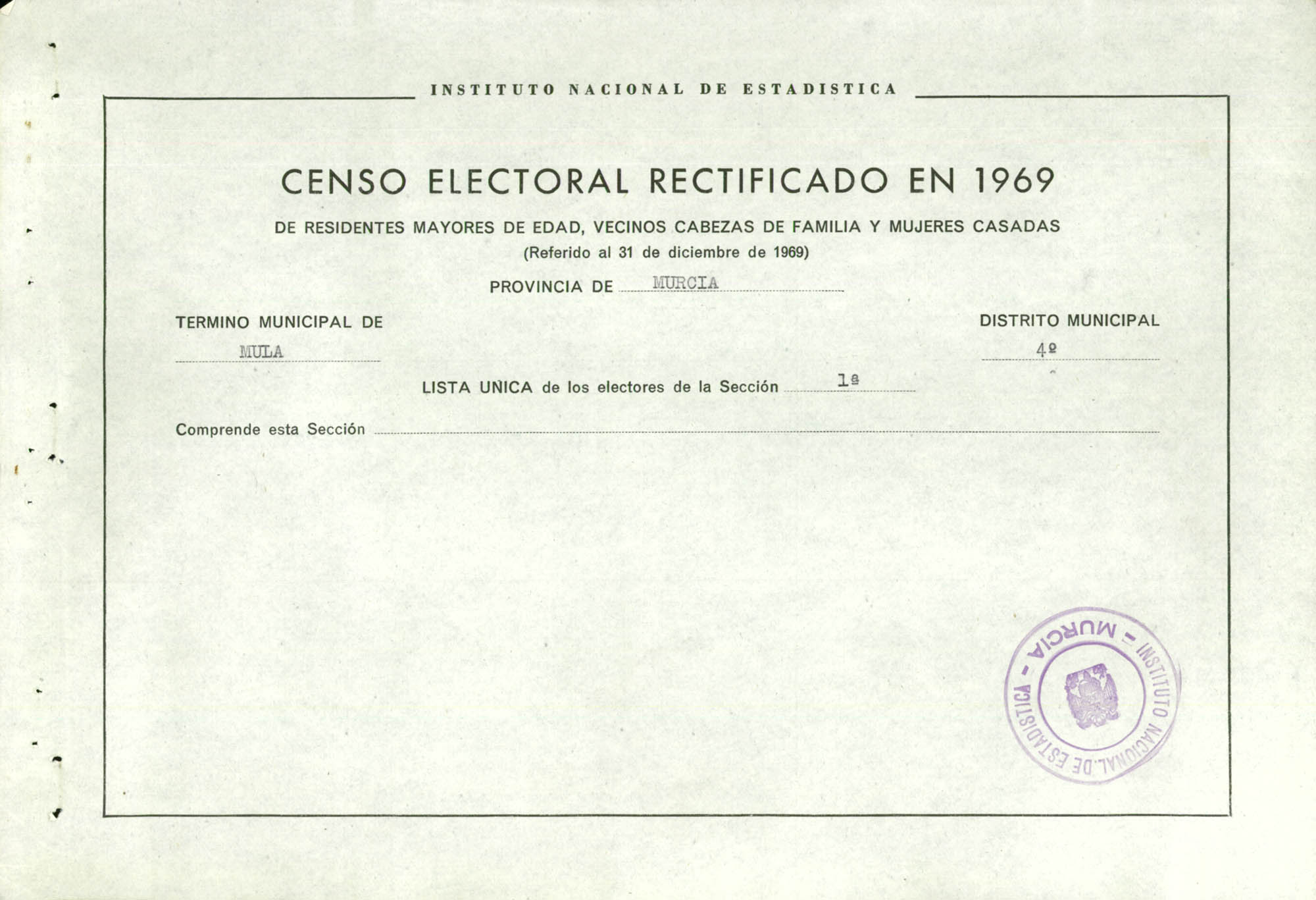 Censo electoral rectificado en 1969: listas definitivas de Mula, Distrito 4º, sección 1ª.