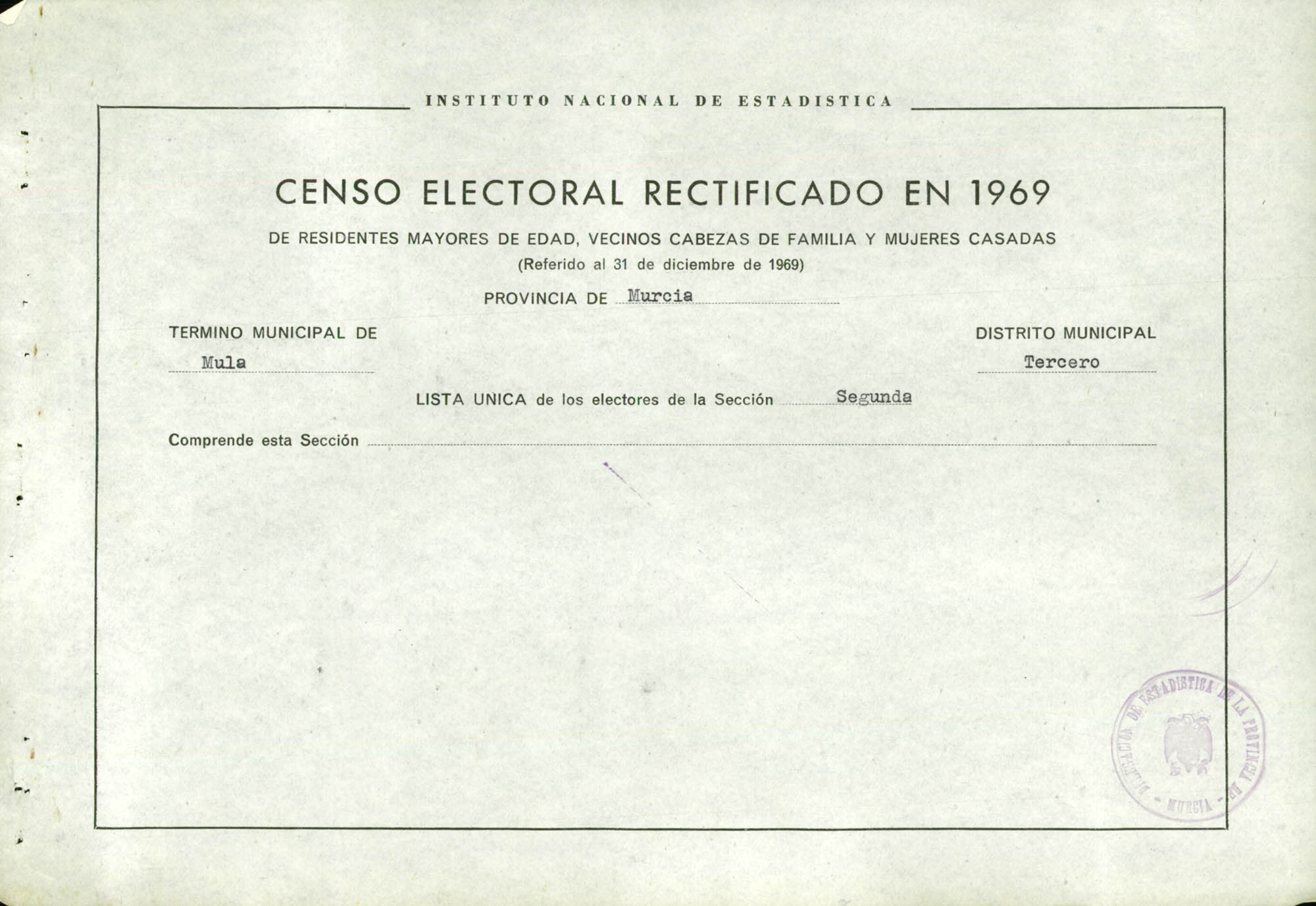 Censo electoral rectificado en 1969: listas definitivas de Mula, Distrito 3º, sección 2ª.