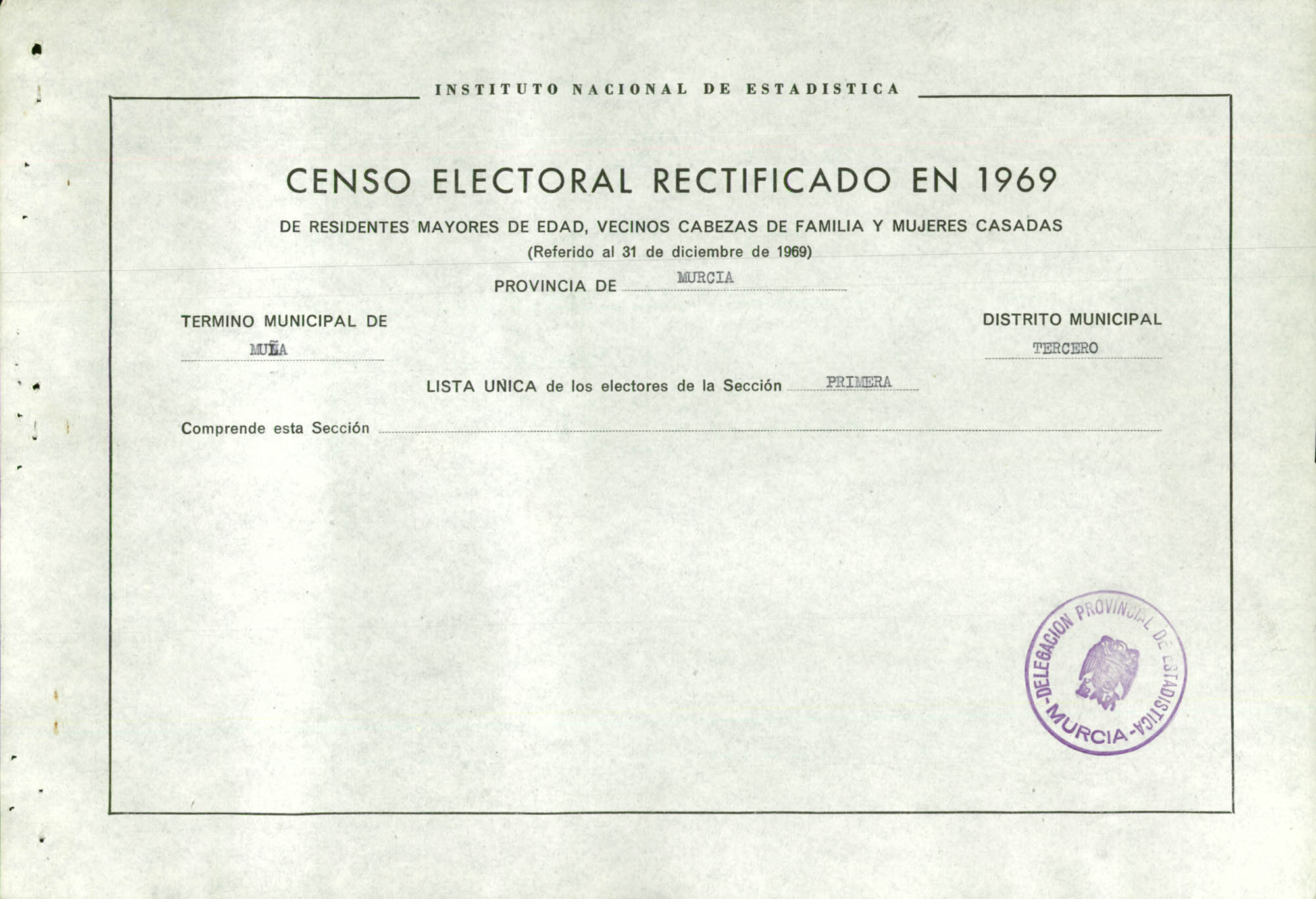 Censo electoral rectificado en 1969: listas definitivas de Mula, Distrito 3º, sección 1ª.