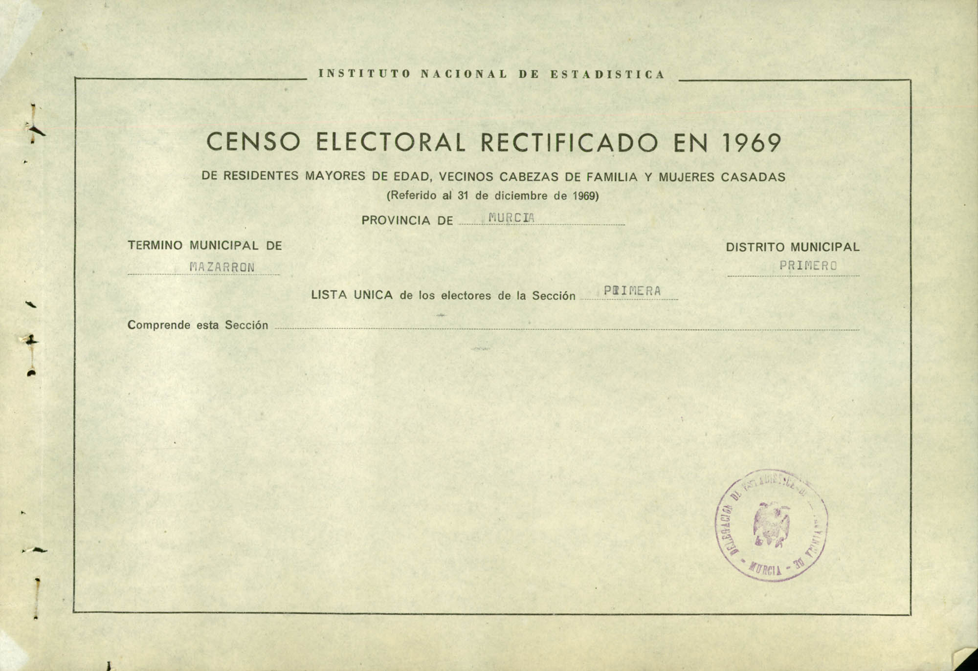 Censo electoral rectificado en 1969: listas definitivas de Mazarrón, Distrito 1º, sección 1ª.