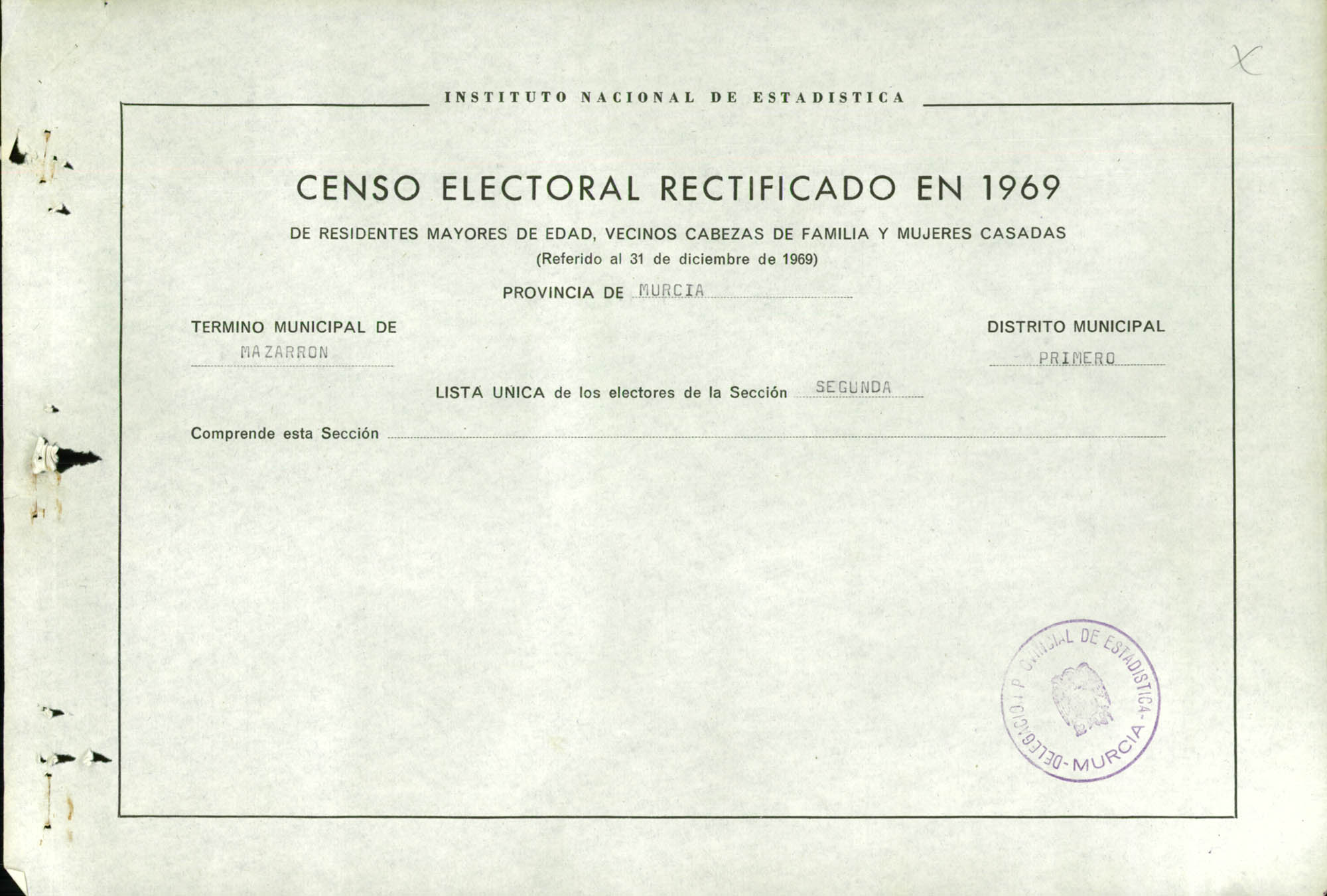 Censo electoral rectificado en 1969: listas definitivas de Mazarrón, Distrito 1º, sección 2ª.