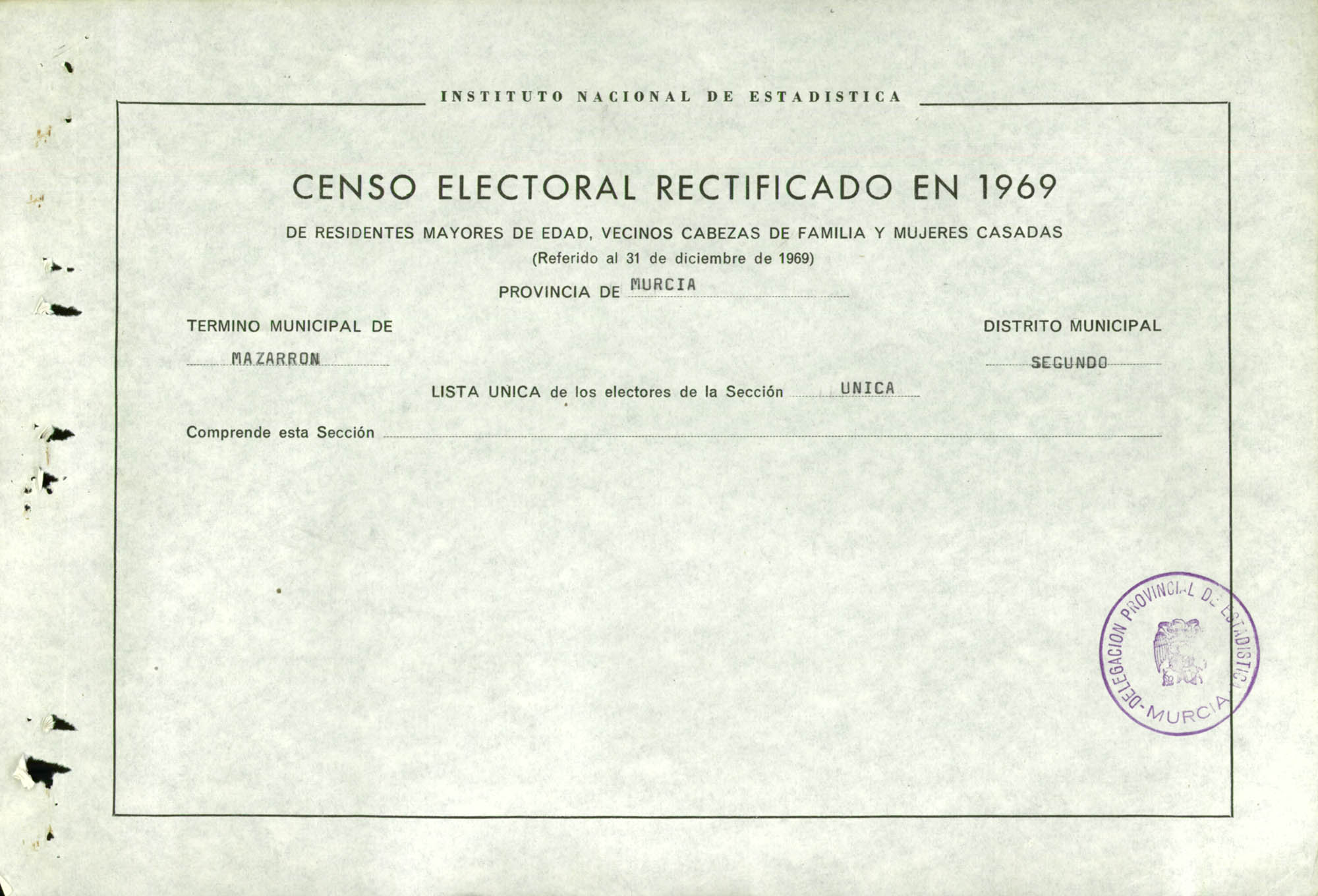 Censo electoral rectificado en 1969: listas definitivas de Mazarrón, Distrito 2º, sección única.
