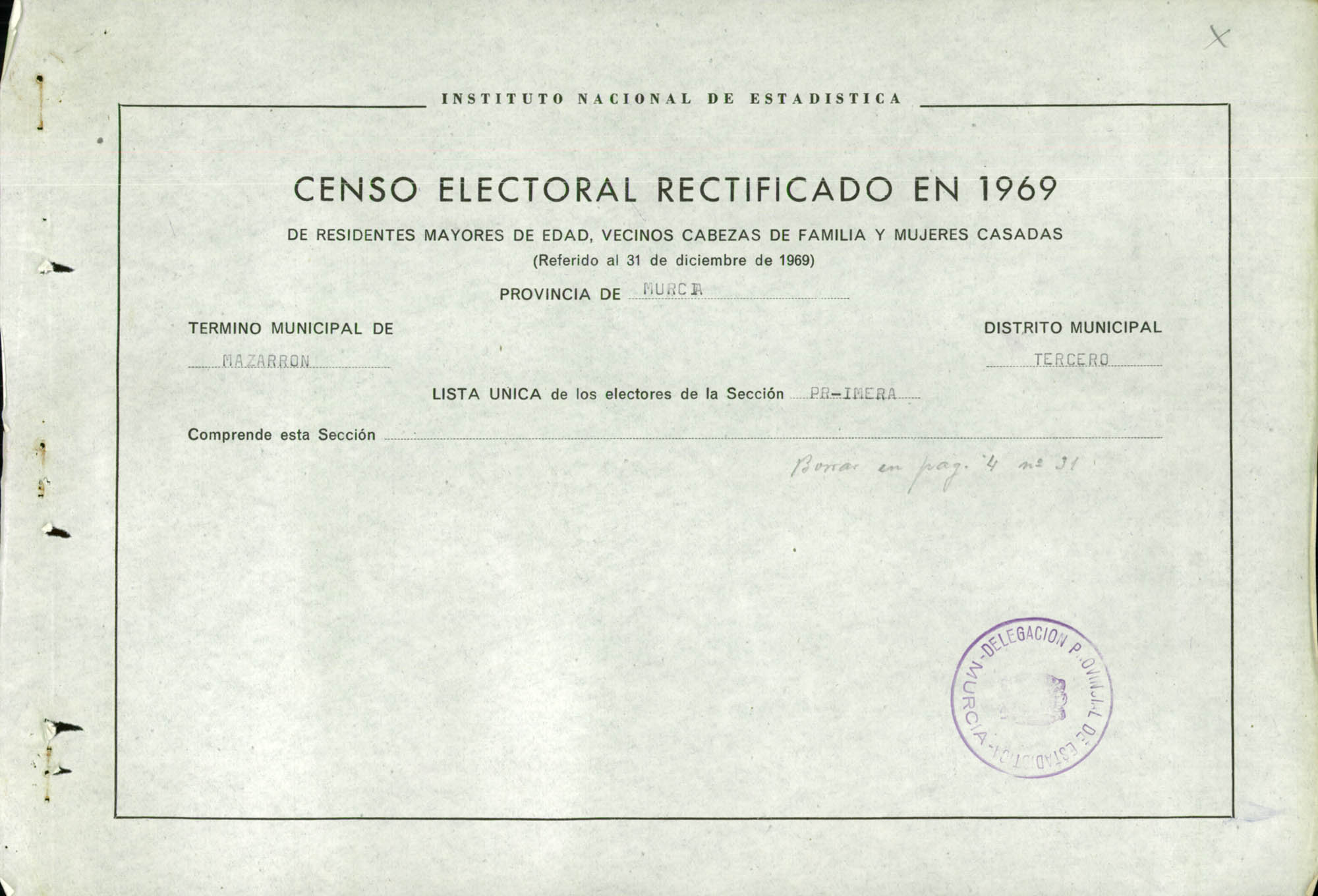Censo electoral rectificado en 1969: listas definitivas de Mazarrón, Distrito 3º, sección 1ª.