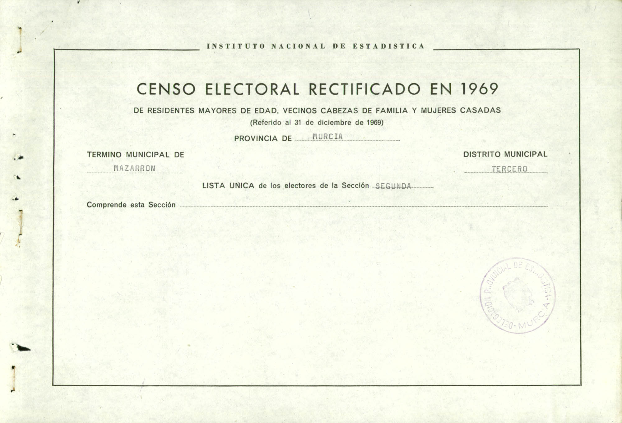 Censo electoral rectificado en 1969: listas definitivas de Mazarrón, Distrito 3º, sección 2ª.
