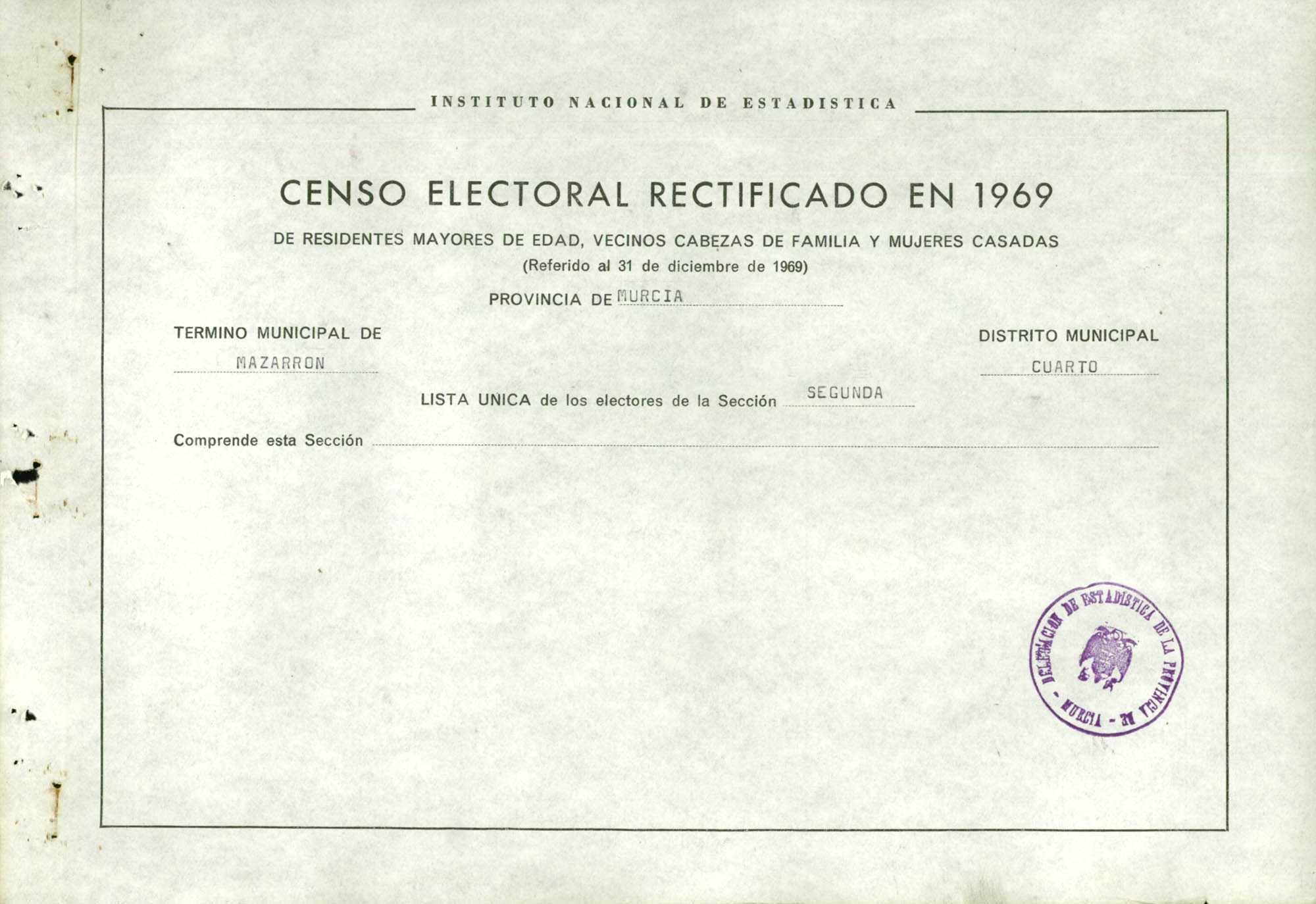 Censo electoral rectificado en 1969: listas definitivas de Mazarrón, Distrito 4º, sección 2ª.