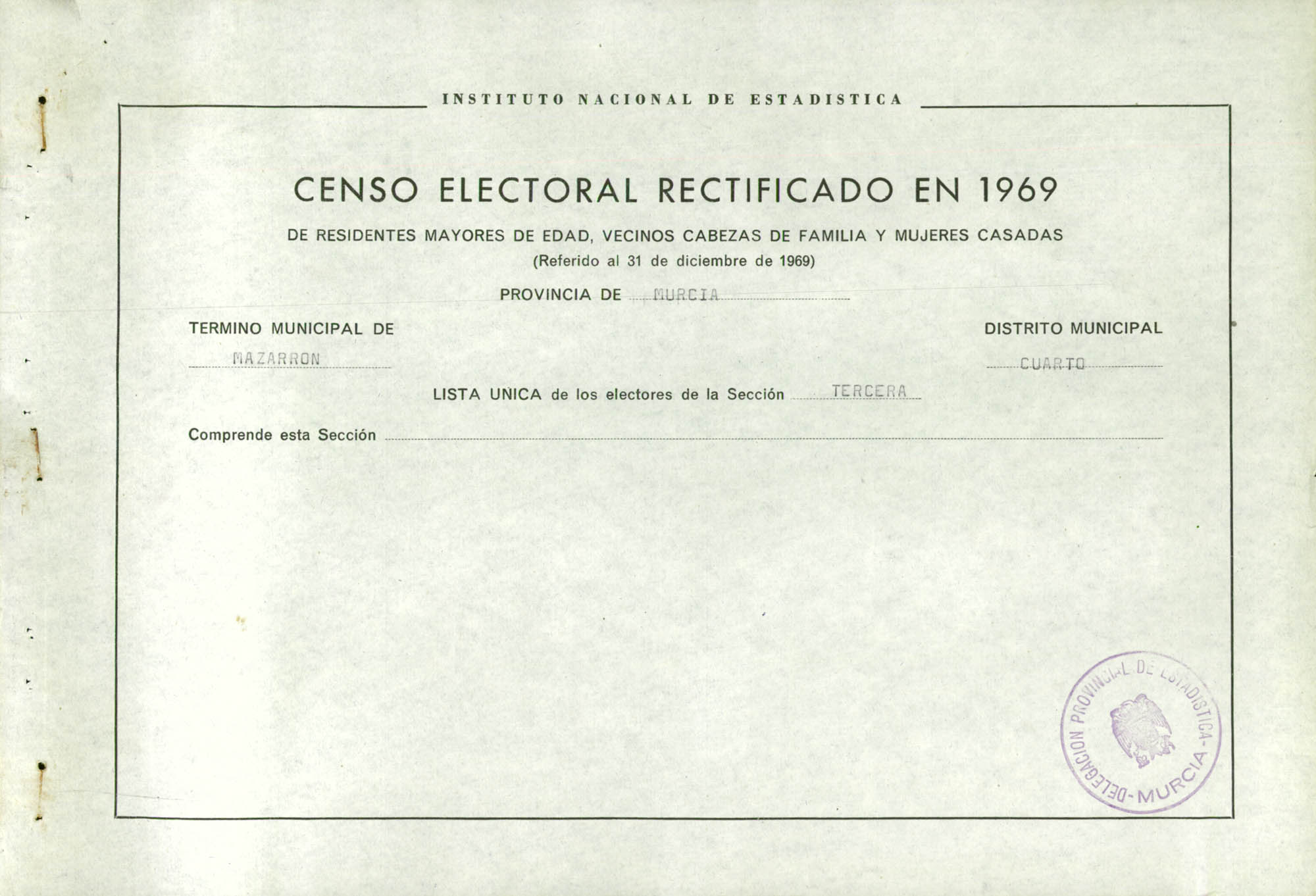 Censo electoral rectificado en 1969: listas definitivas de Mazarrón, Distrito 4º, sección 3ª.