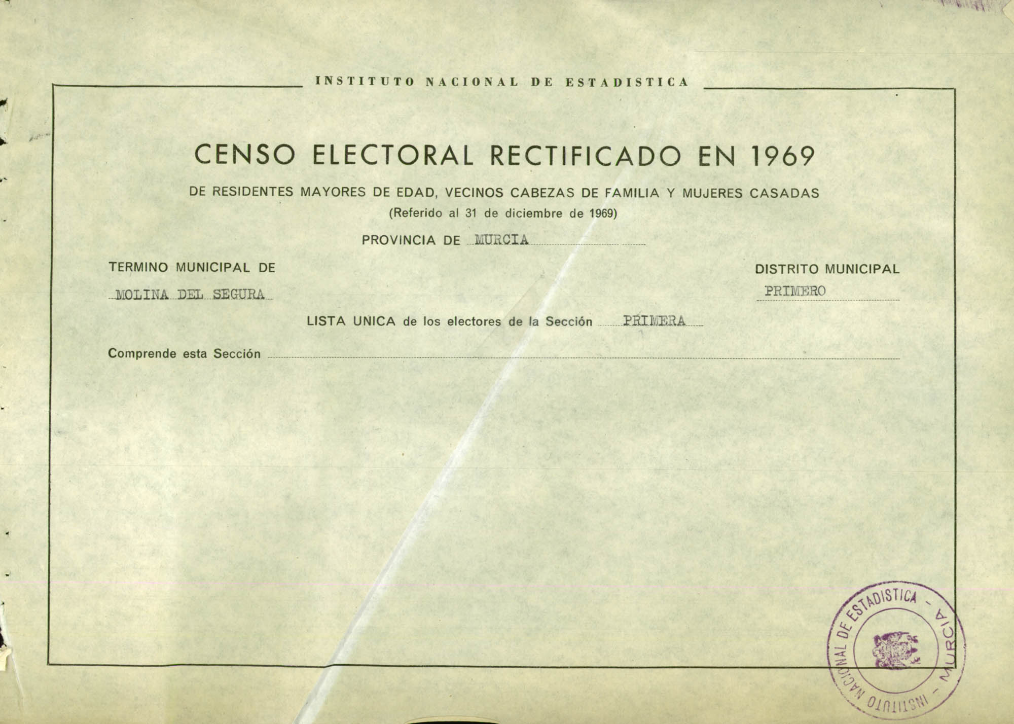 Censo electoral rectificado en 1969: listas definitivas de Molina de Segura, Distrito 1º, sección 1ª.