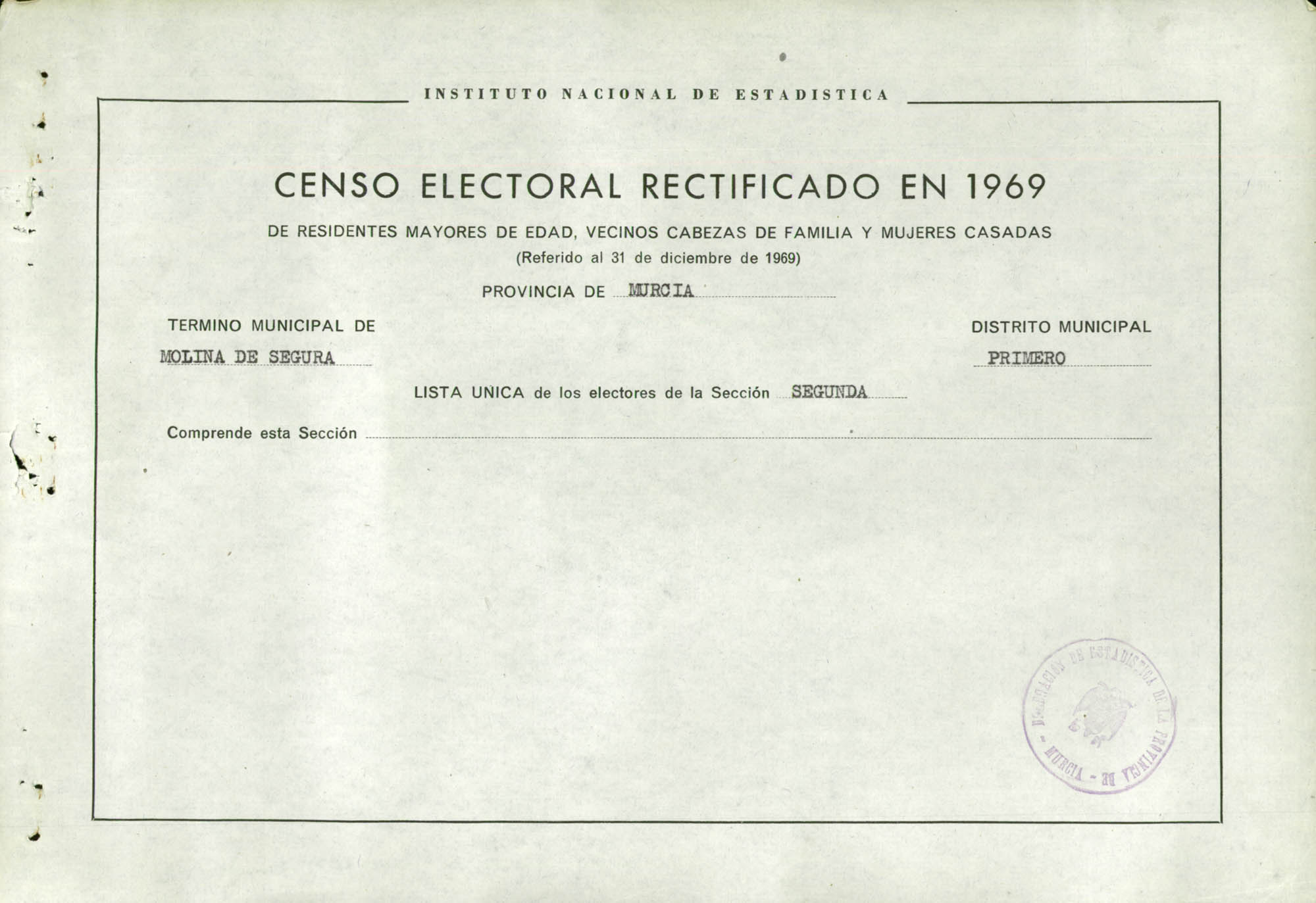Censo electoral rectificado en 1969: listas definitivas de Molina de Segura, Distrito 1º, sección 2ª.