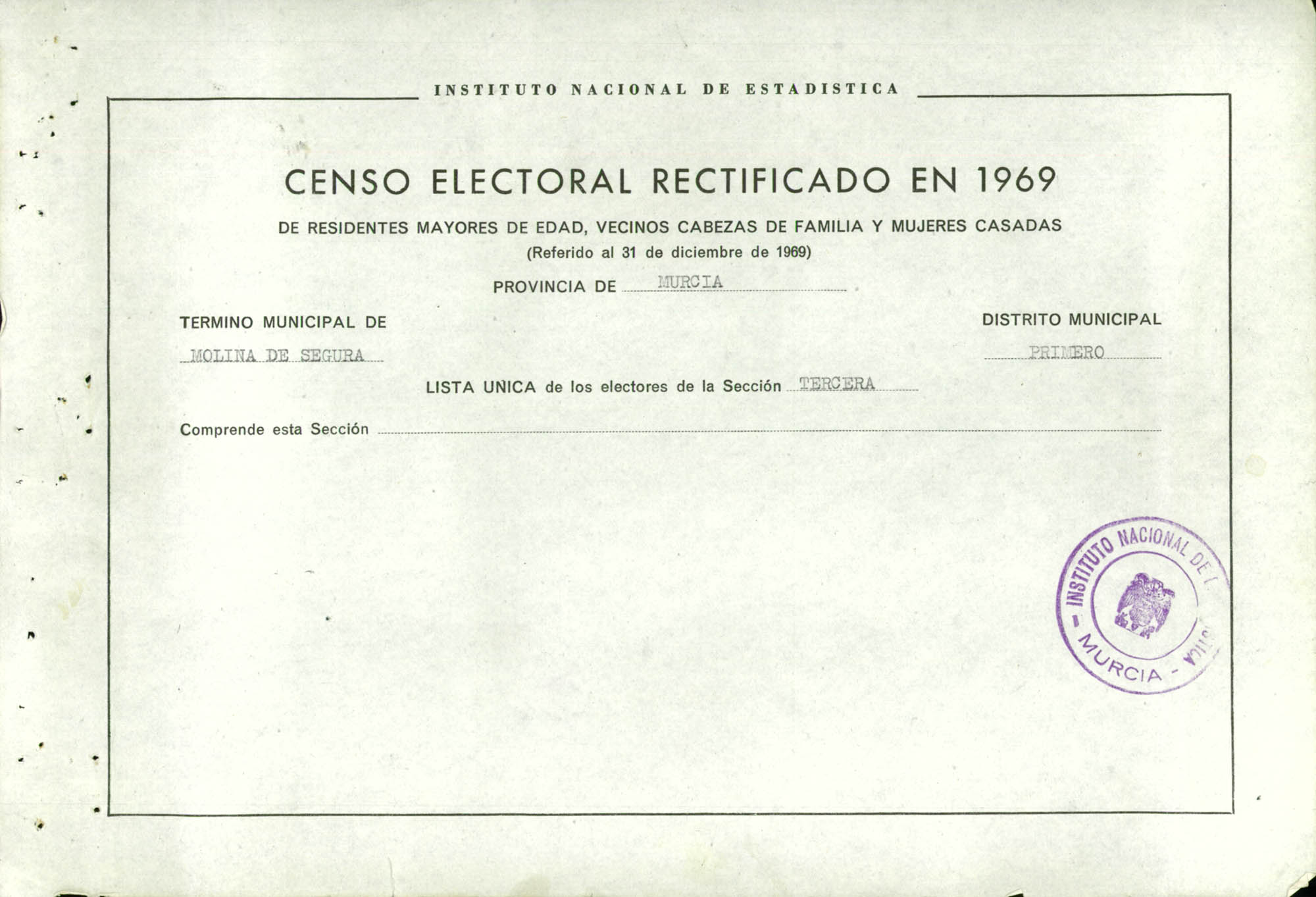 Censo electoral rectificado en 1969: listas definitivas de Molina de Segura, Distrito 1º, sección 3ª.
