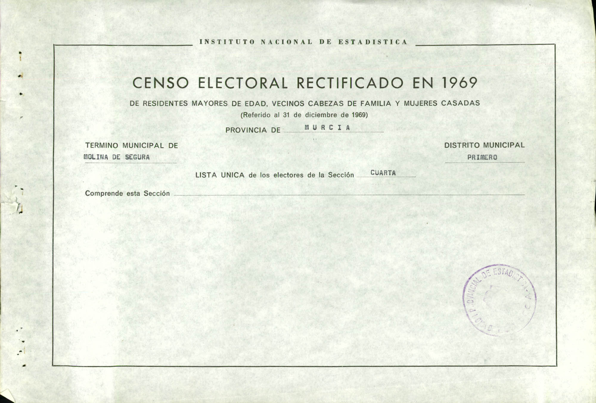 Censo electoral rectificado en 1969: listas definitivas de Molina de Segura, Distrito 1º, sección 4ª.