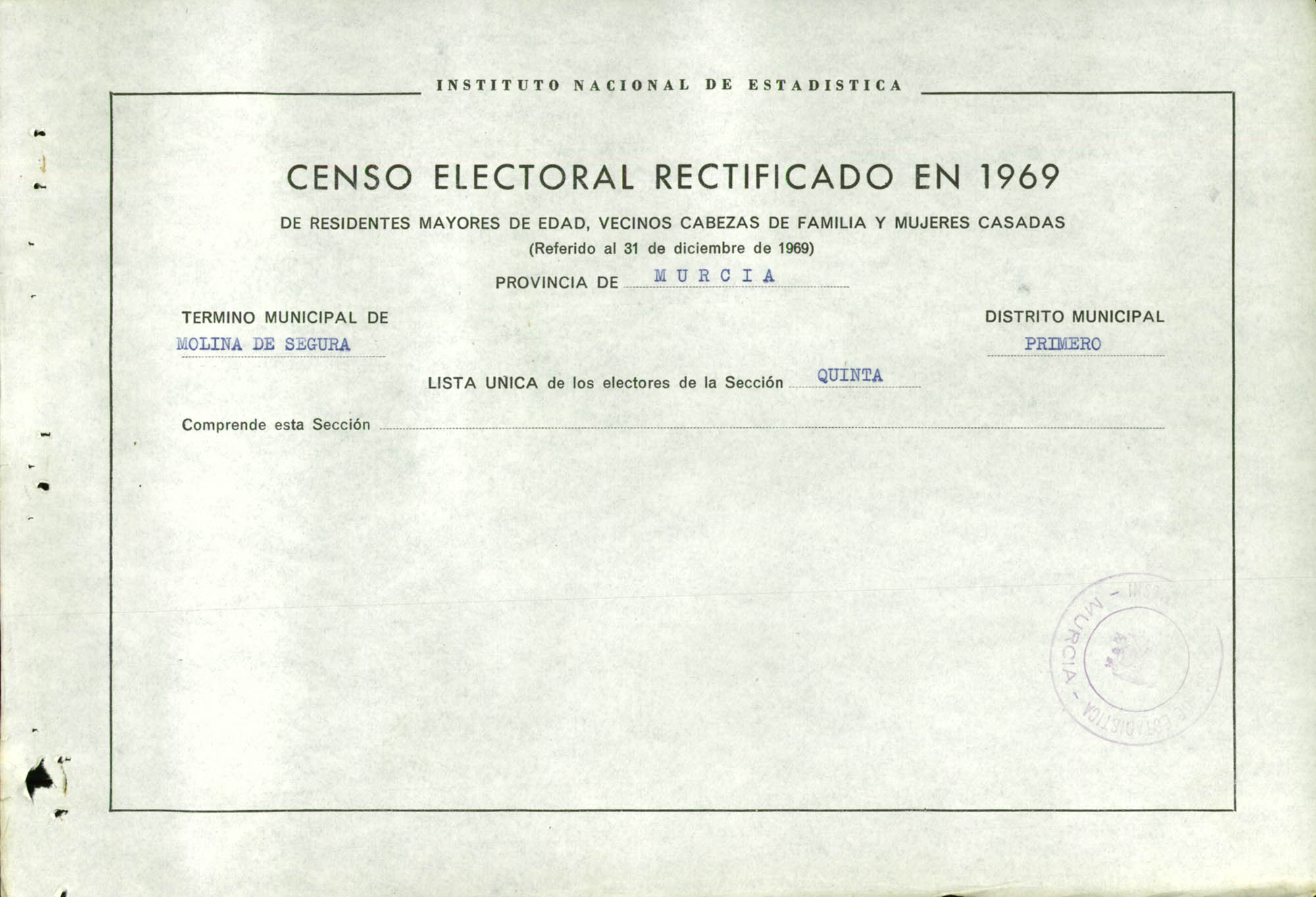 Censo electoral rectificado en 1969: listas definitivas de Molina de Segura, Distrito 1º, sección 5ª.