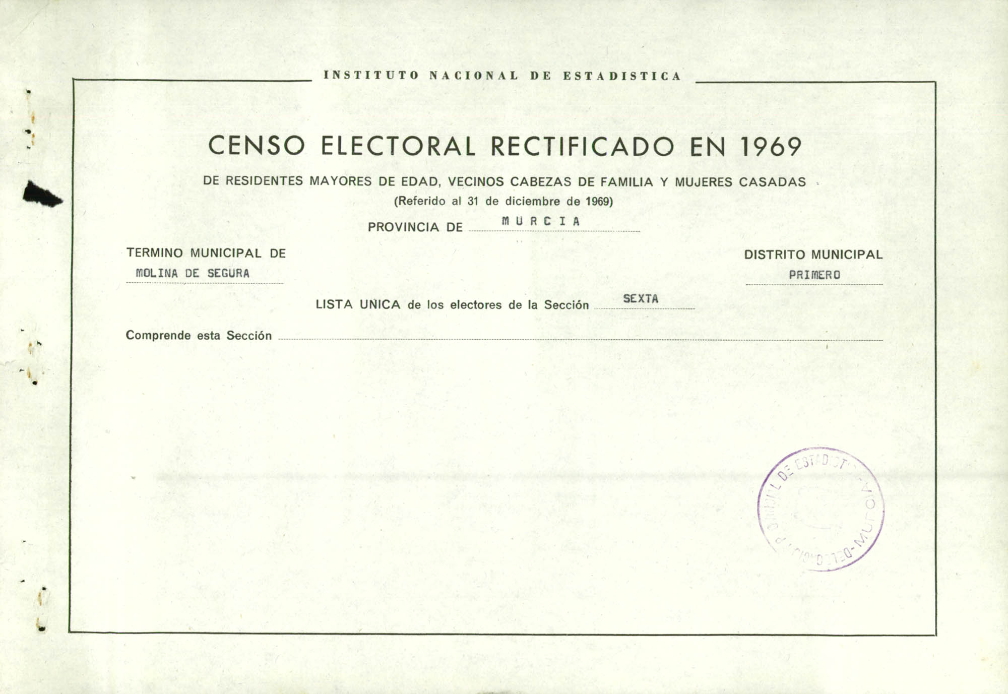 Censo electoral rectificado en 1969: listas definitivas de Molina de Segura, Distrito 1º, sección 6ª.