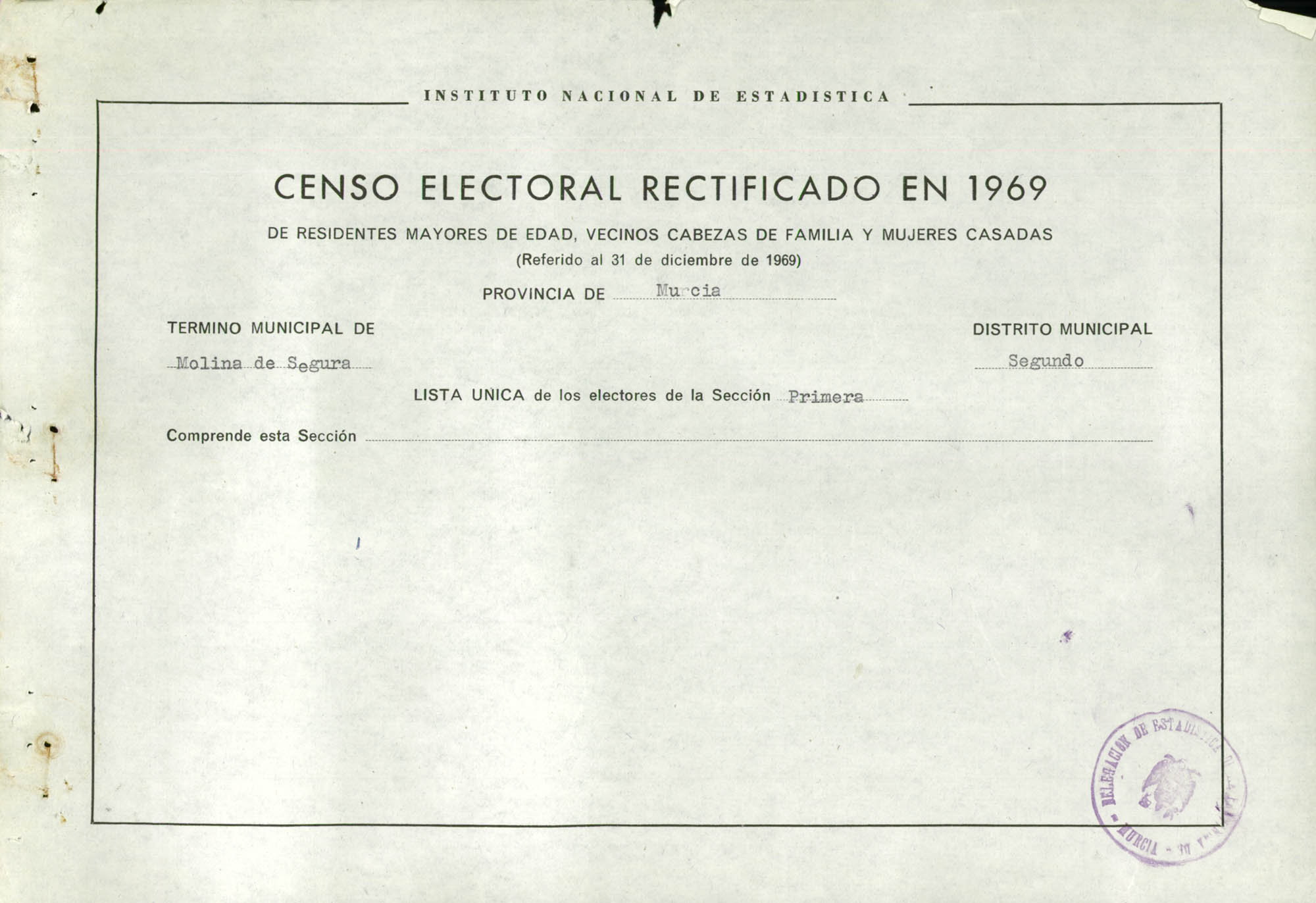 Censo electoral rectificado en 1969: listas definitivas de Molina de Segura, Distrito 2º, sección 1ª.