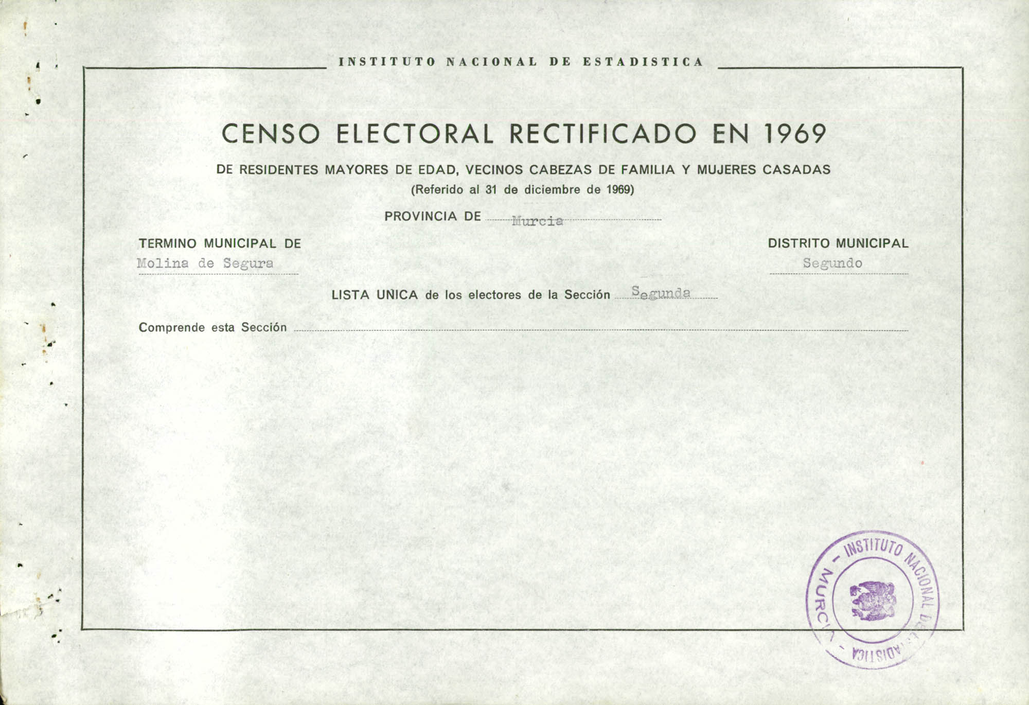 Censo electoral rectificado en 1969: listas definitivas de Molina de Segura, Distrito 2º, sección 2ª.