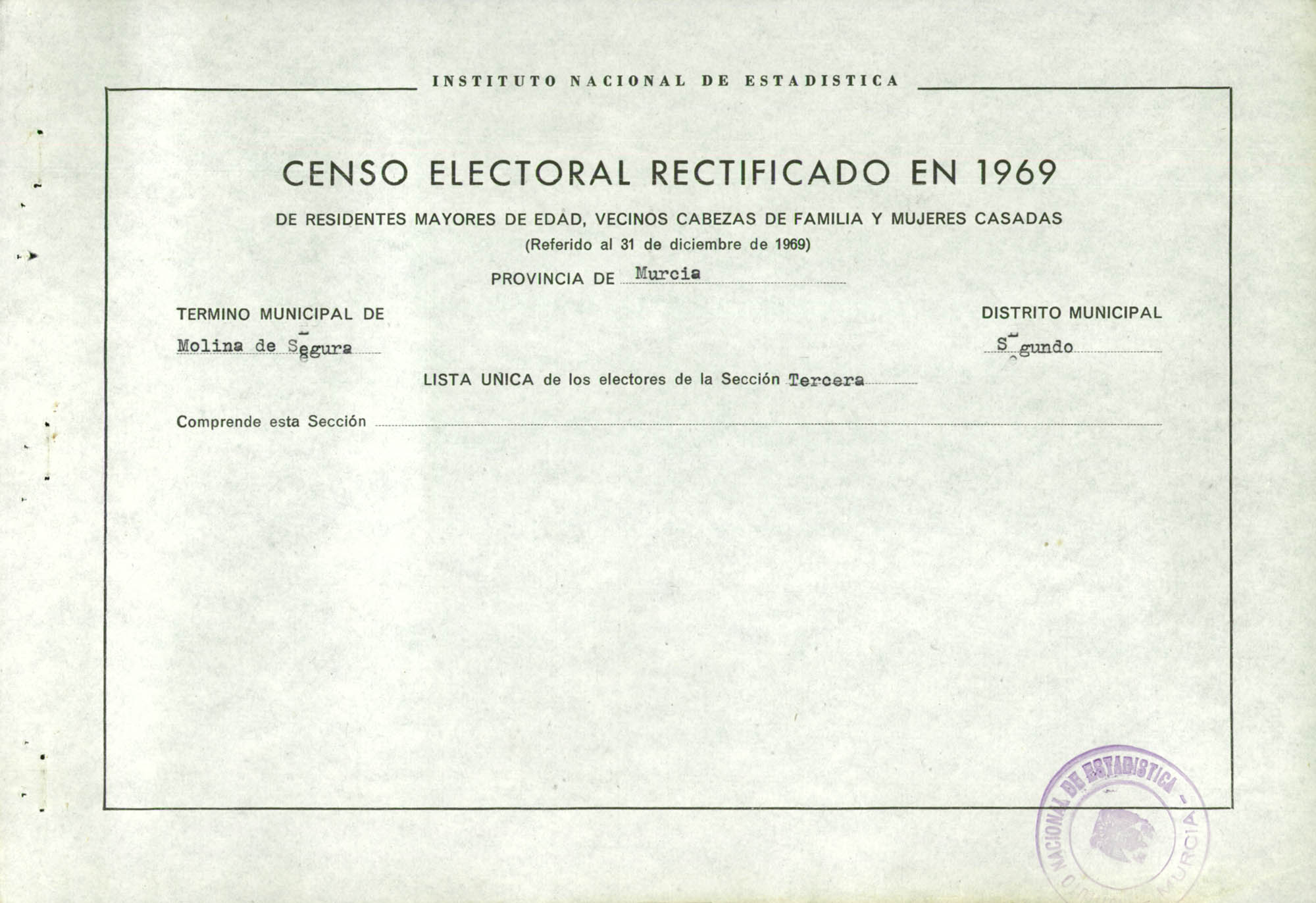 Censo electoral rectificado en 1969: listas definitivas de Molina de Segura, Distrito 2º, sección 3ª.