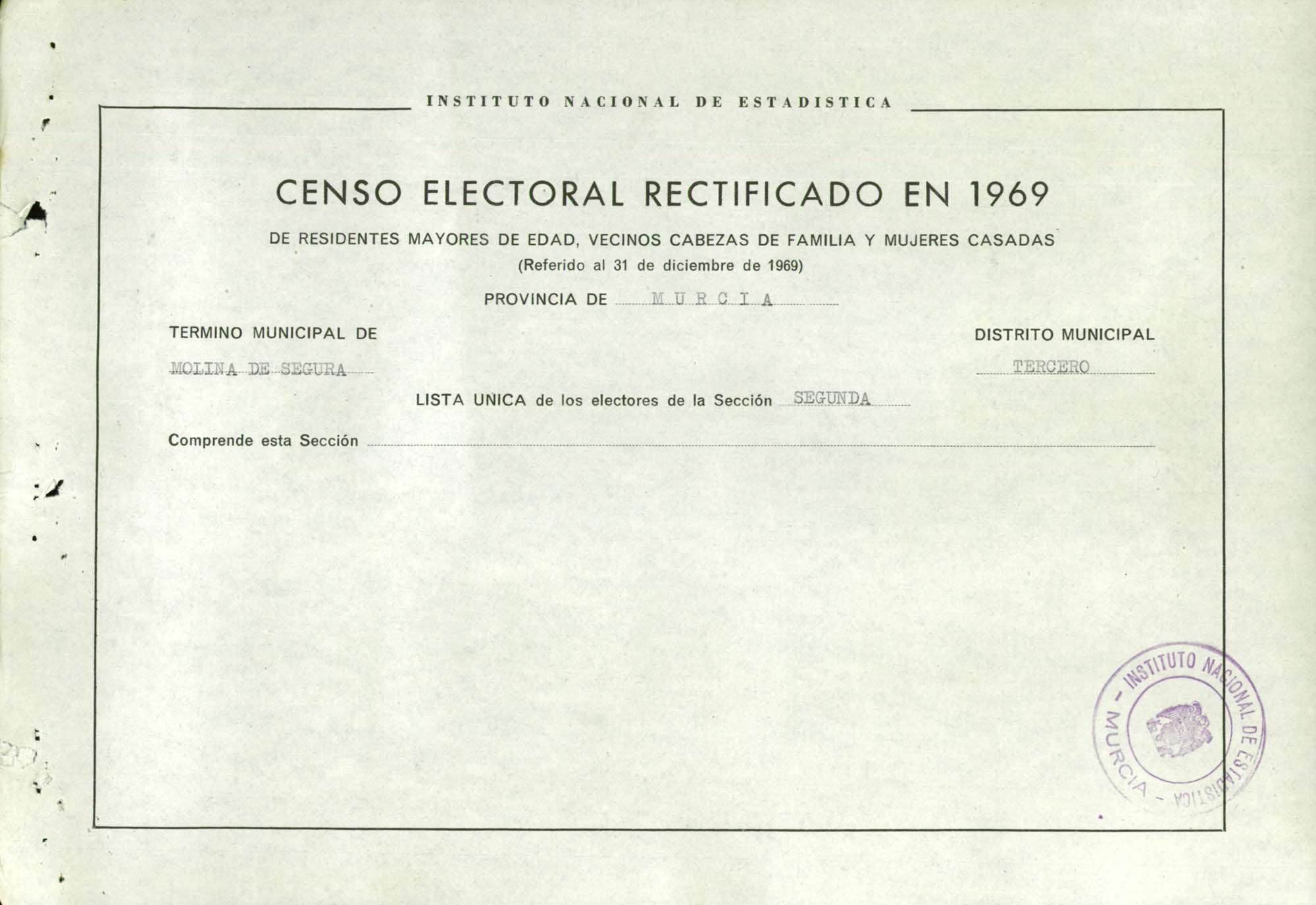 Censo electoral rectificado en 1969: listas definitivas de Molina de Segura, Distrito 3º, sección 2ª.