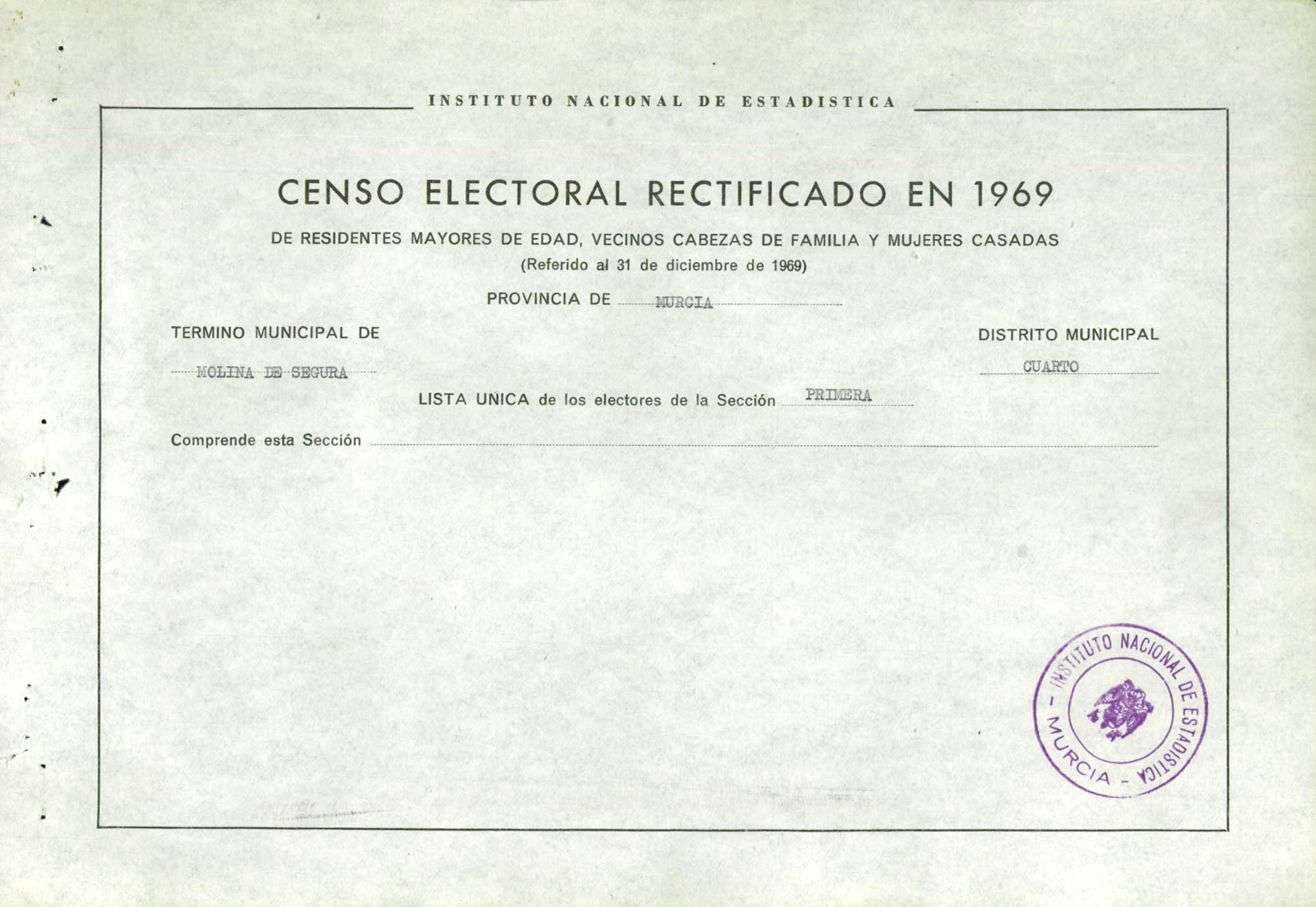 Censo electoral rectificado en 1969: listas definitivas de Molina de Segura, Distrito 4º, sección 1ª.