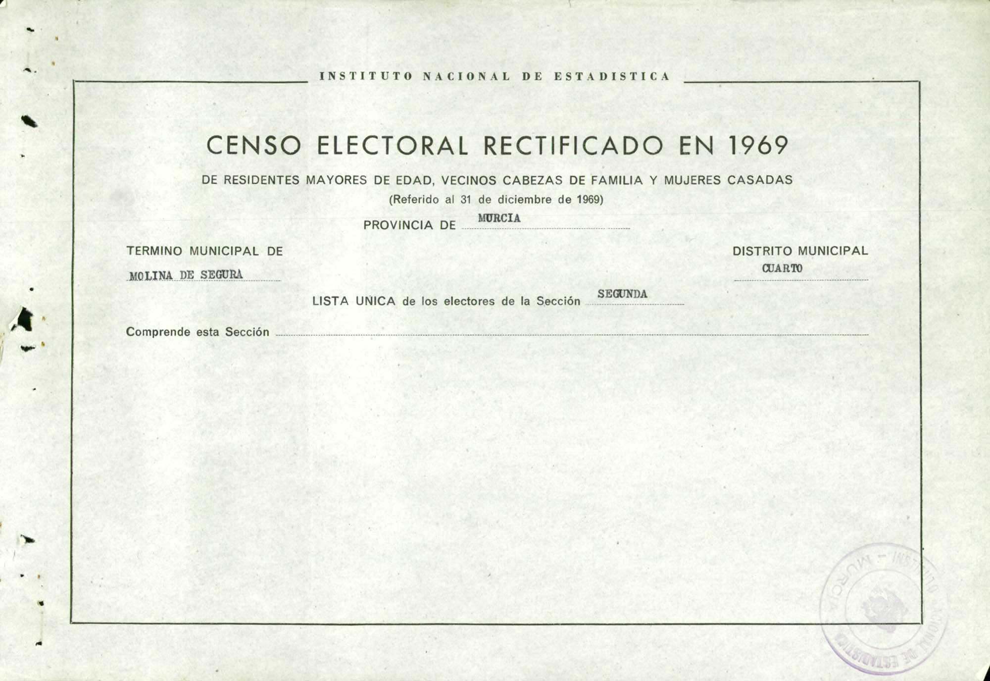 Censo electoral rectificado en 1969: listas definitivas de Molina de Segura, Distrito 4º, sección 2ª.