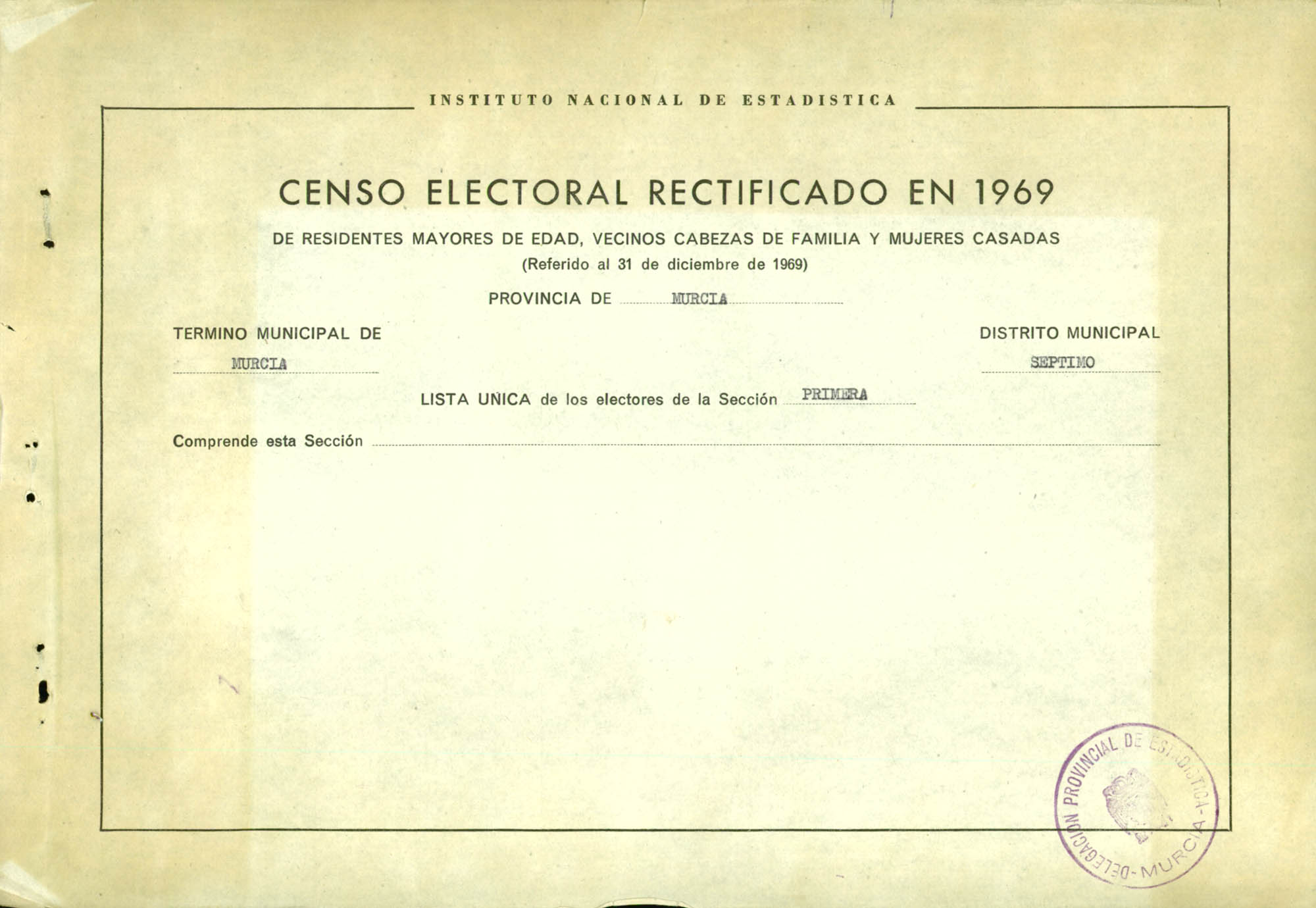 Censo electoral rectificado en 1969. listas definitivas de Murcia, Distrito 7º, sección 1ª.
