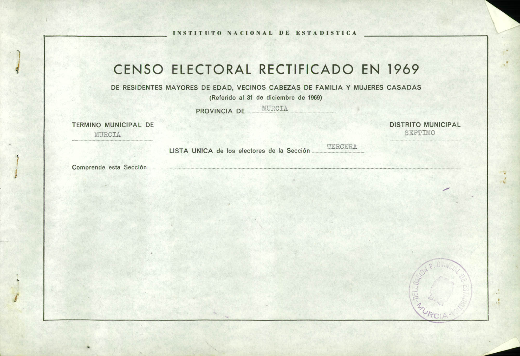 Censo electoral rectificado en 1969: listas definitivas de Murcia, Distrito 7º, sección 3ª.