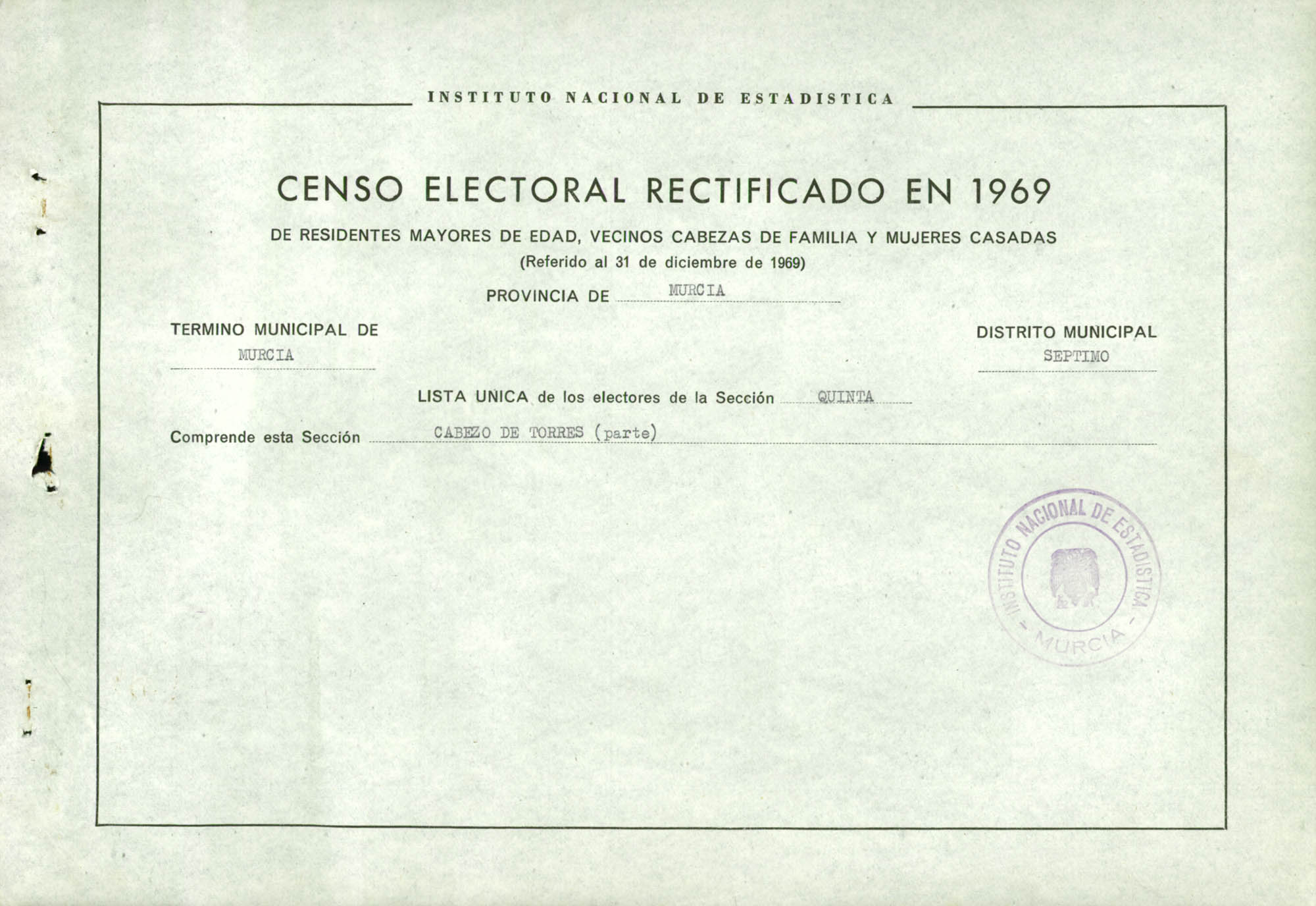 Censo electoral rectificado en 1969: listas definitivas de Murcia, Distrito 7º, sección 5ª.