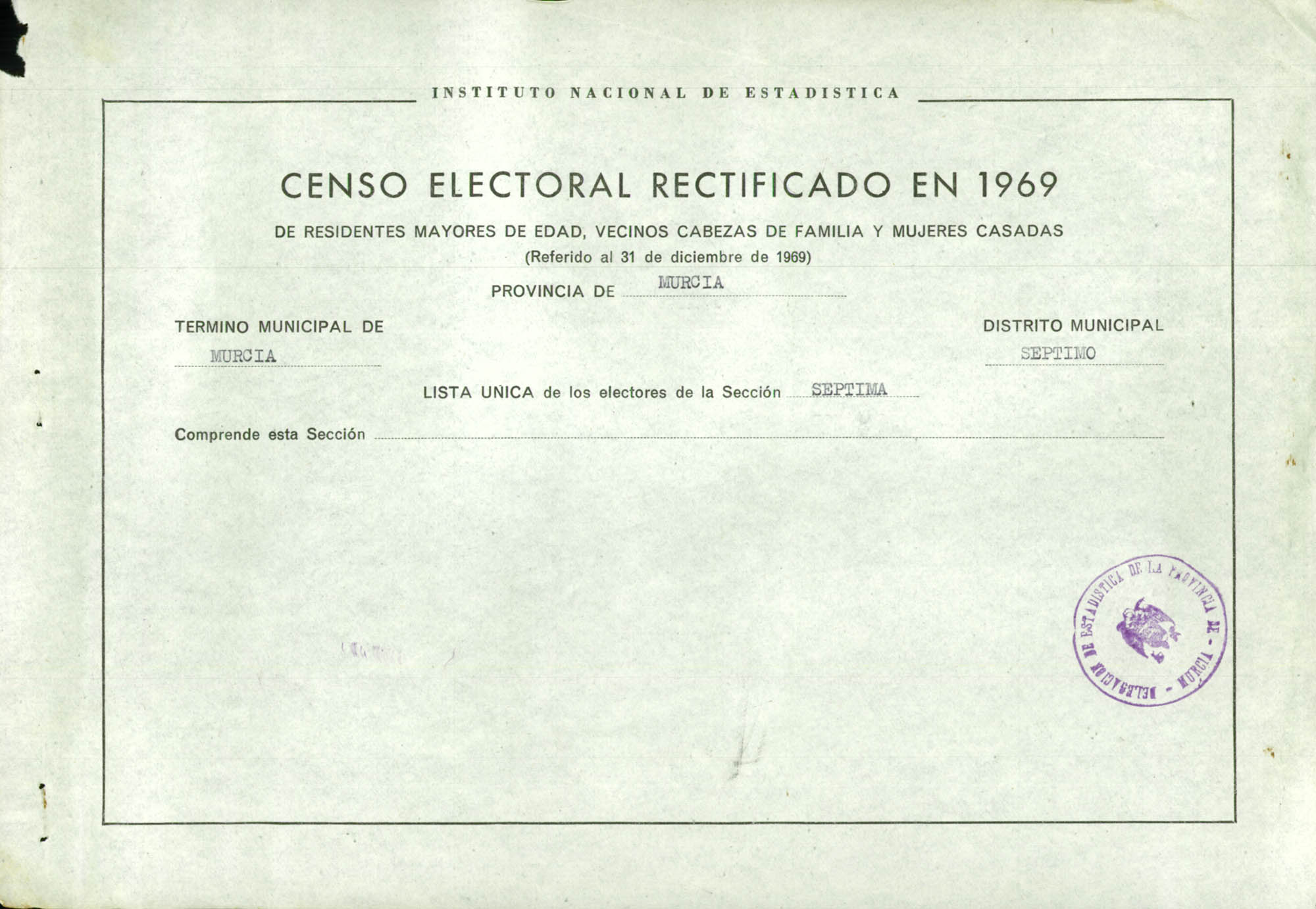 Censo electoral rectificado en 1969: listas definitivas de Murcia, Distrito 7º, sección 7ª.