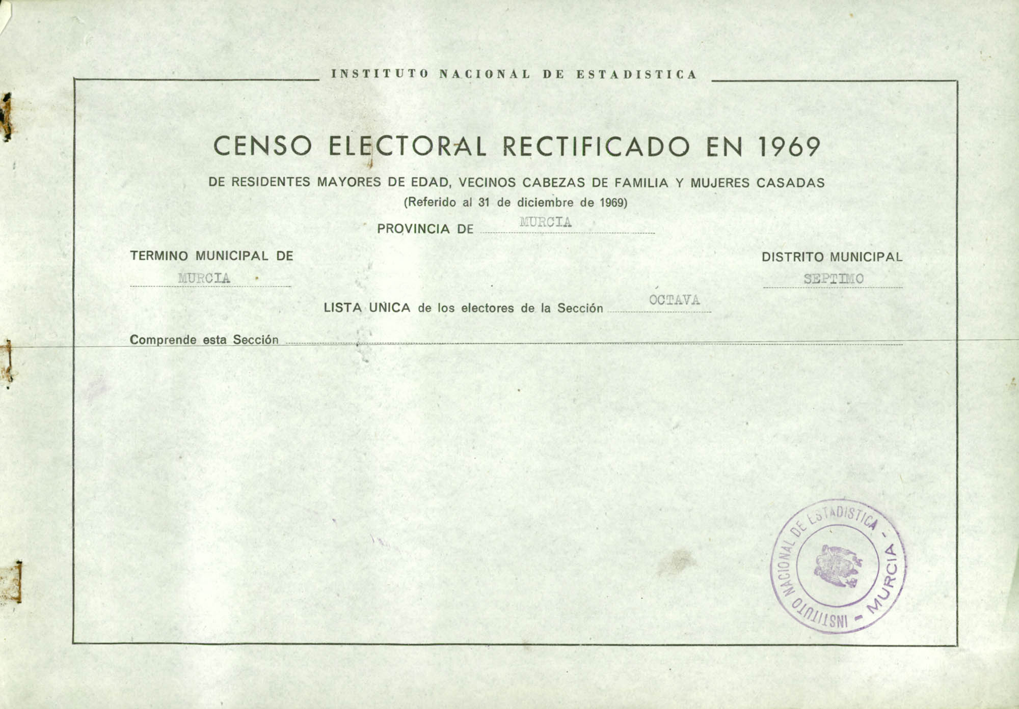 Censo electoral rectificado en 1969: listas definitivas de Murcia, Distrito 7º, sección 8ª.