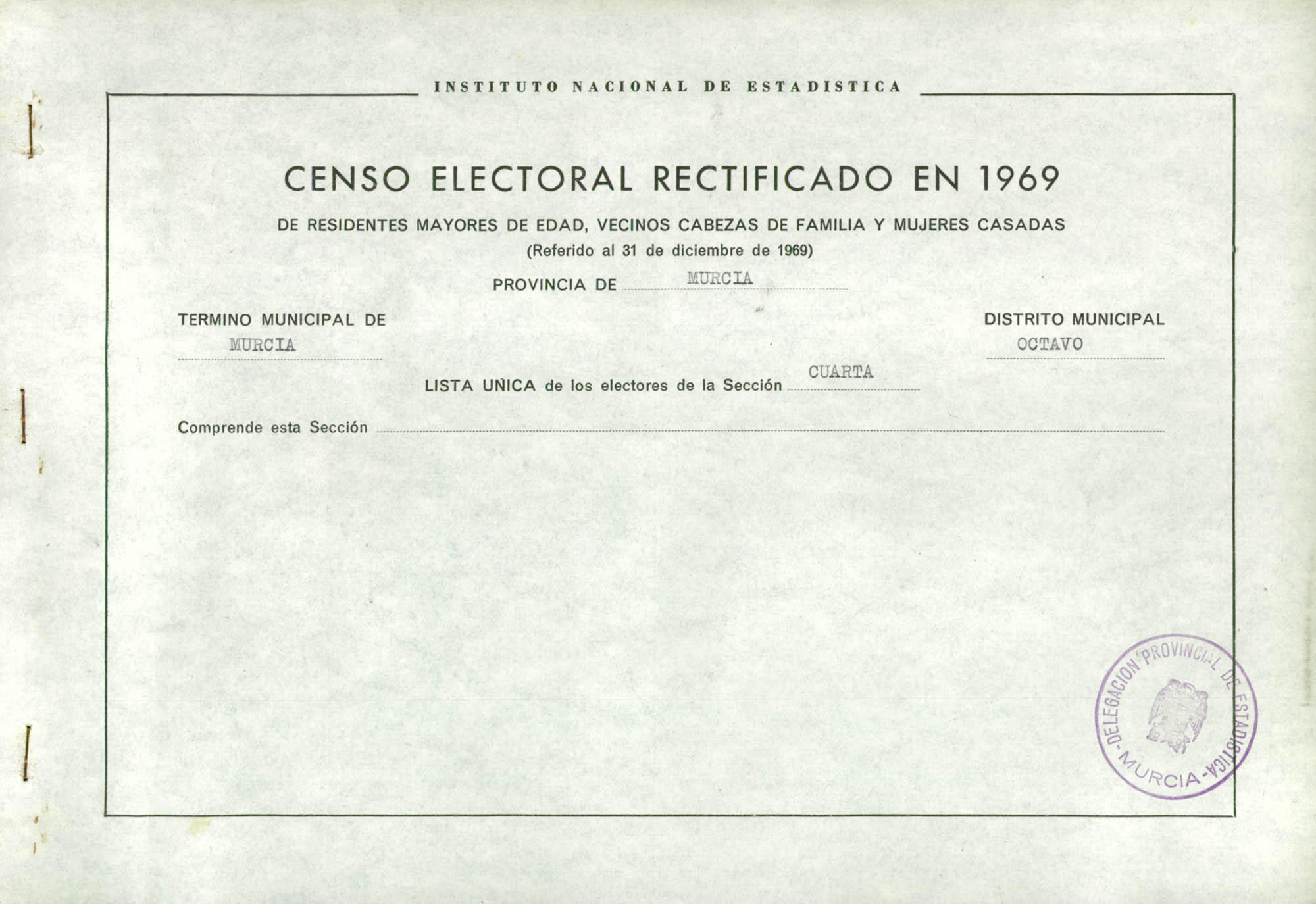 Censo electoral rectificado en 1969: listas definitivas de Murcia, Distrito 8º, sección 4ª.