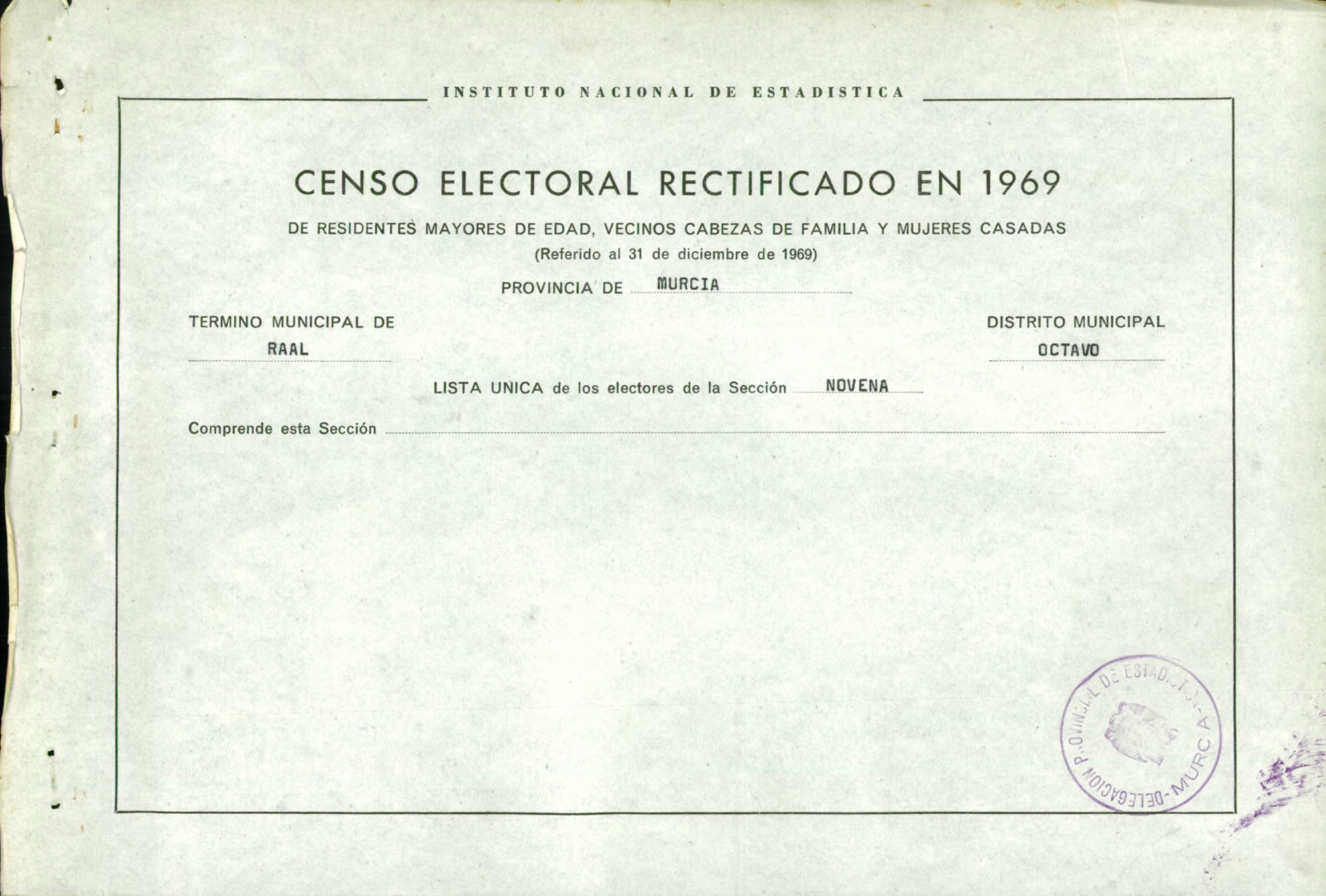 Censo electoral rectificado en 1969: listas definitivas de Murcia, Distrito 8º, sección 9ª.