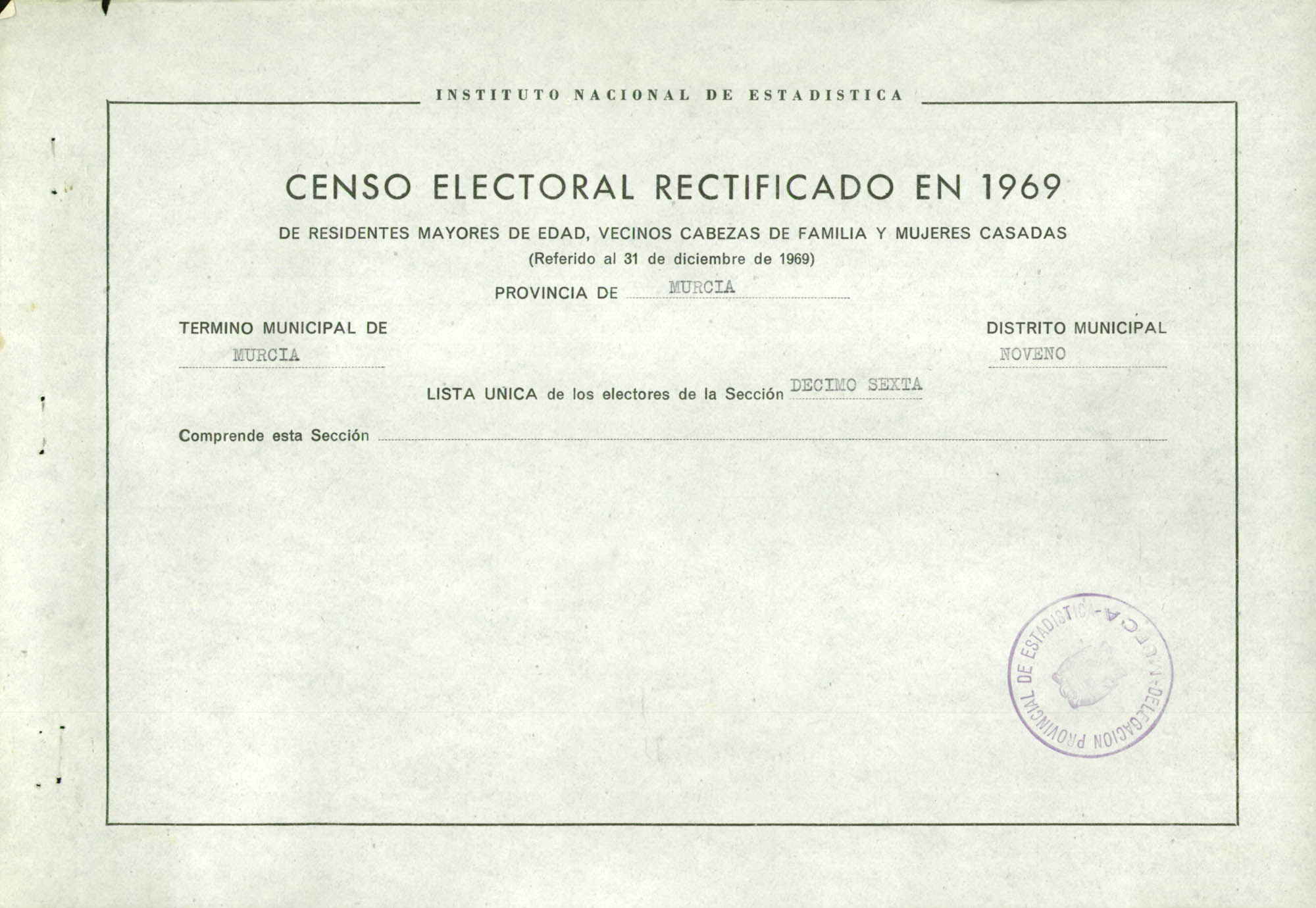 Censo electoral rectificado en 1969: listas definitivas de Murcia, Distrito 9º, sección 15ª.