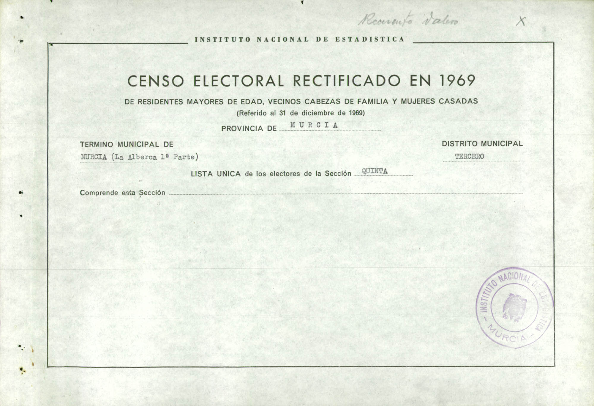 Censo electoral rectificado en 1969: listas definitivas de Murcia, Distrito 3º, sección 5ª.