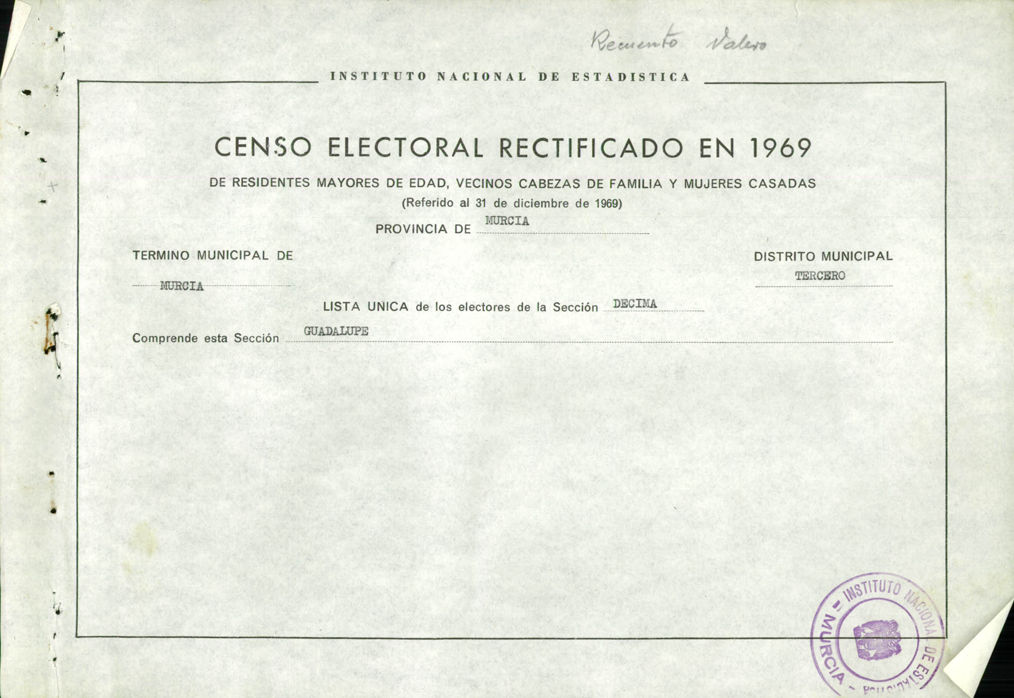 Censo electoral rectificado en 1969: listas definitivas de Murcia, Distrito 3º, sección 10ª.
