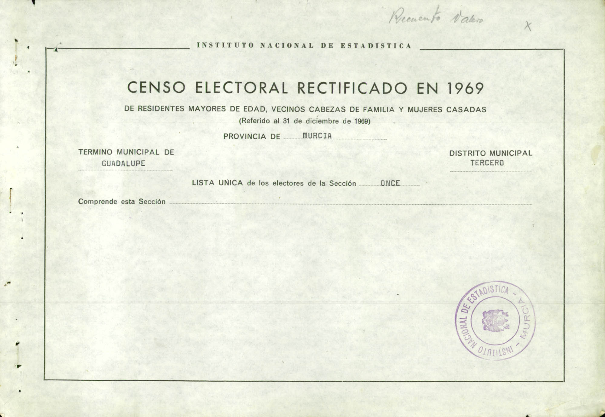 Censo electoral rectificado en 1969: listas definitivas de Murcia, Distrito 3º, sección 11ª.